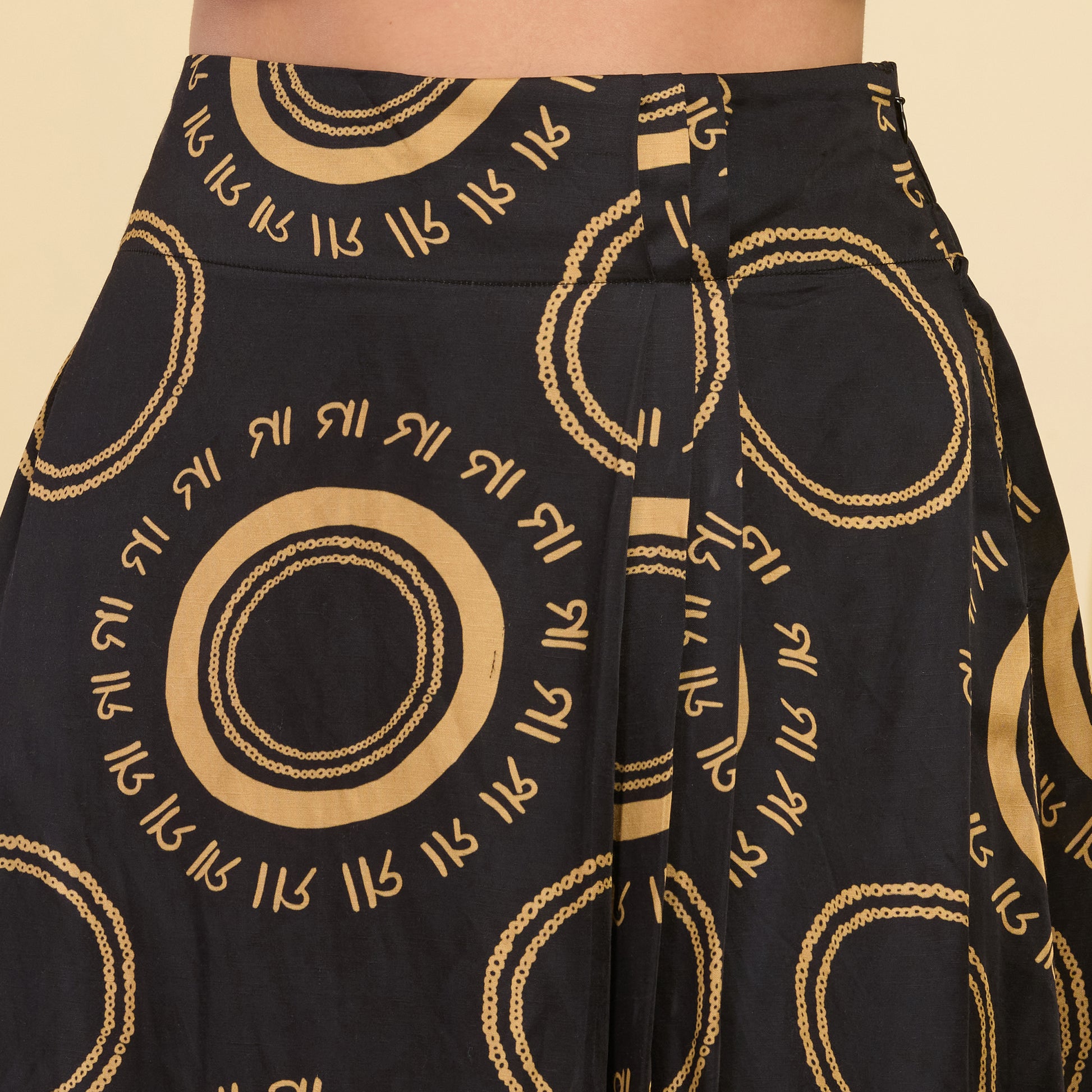 Black And Golden Maa Print Skirt for Women – Linen Satin – Close Up | First Resort by Ramola Bachchan