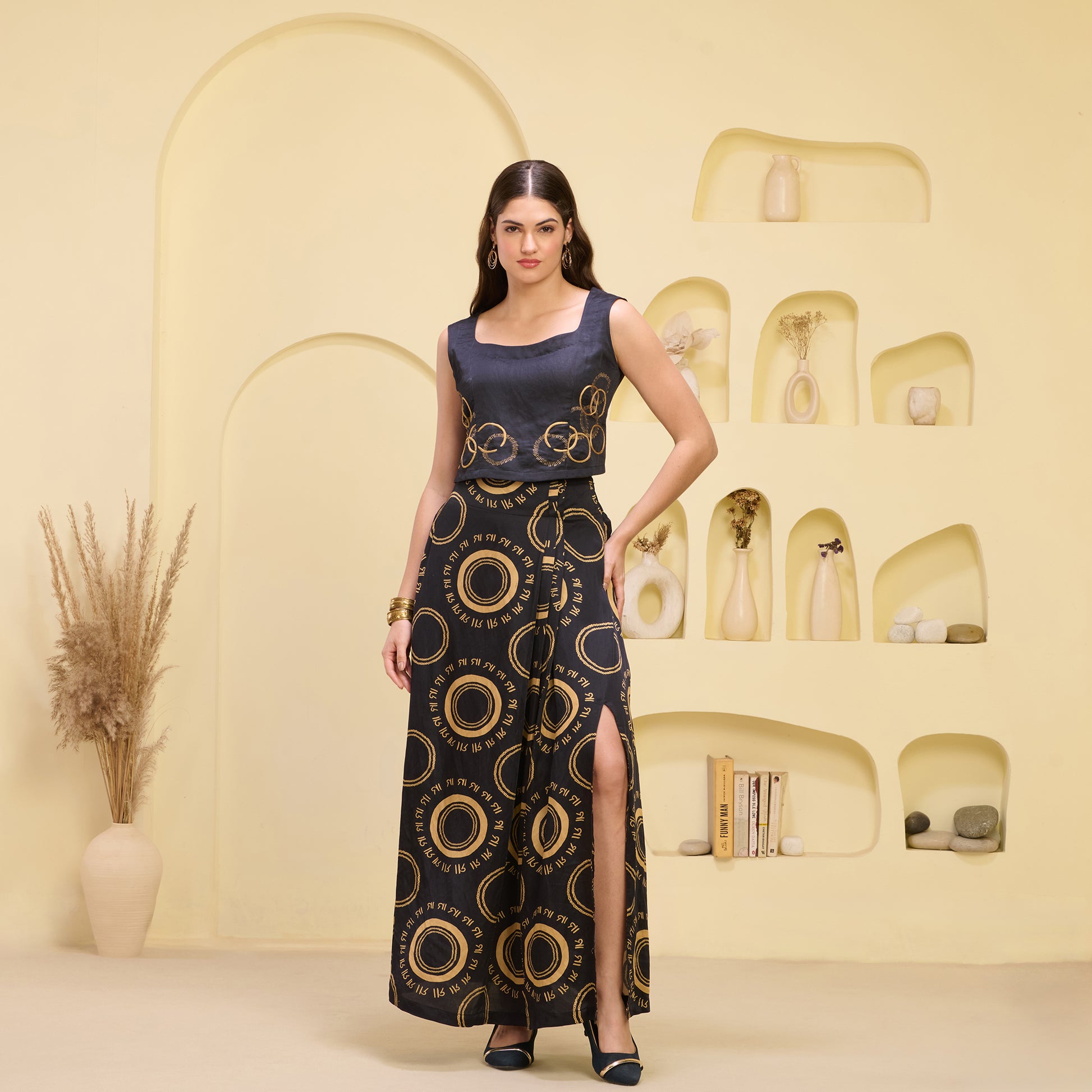 Black And Golden Maa Print Skirt for Women – Linen Satin – Front View | First Resort by Ramola Bachchan