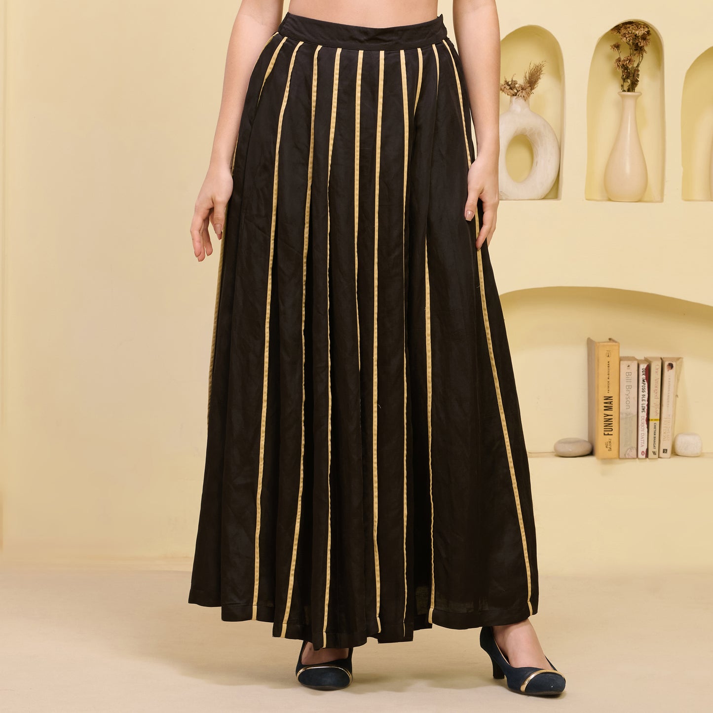 Black And Golden Skirt for Women – Linen Satin | First Resort by Ramola Bachchan