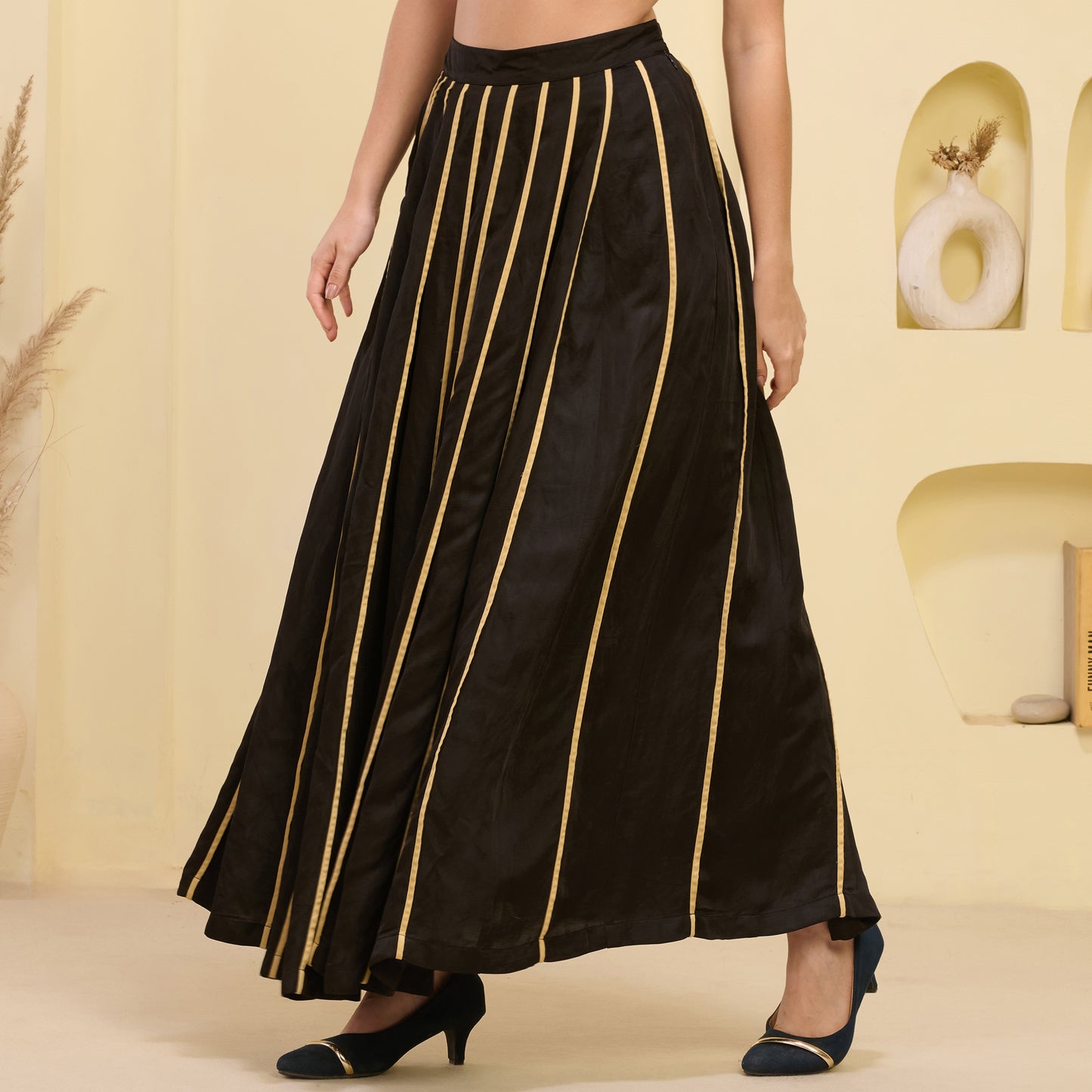 Black And Golden Skirt for Women – Linen Satin – Model View | First Resort by Ramola Bachchan