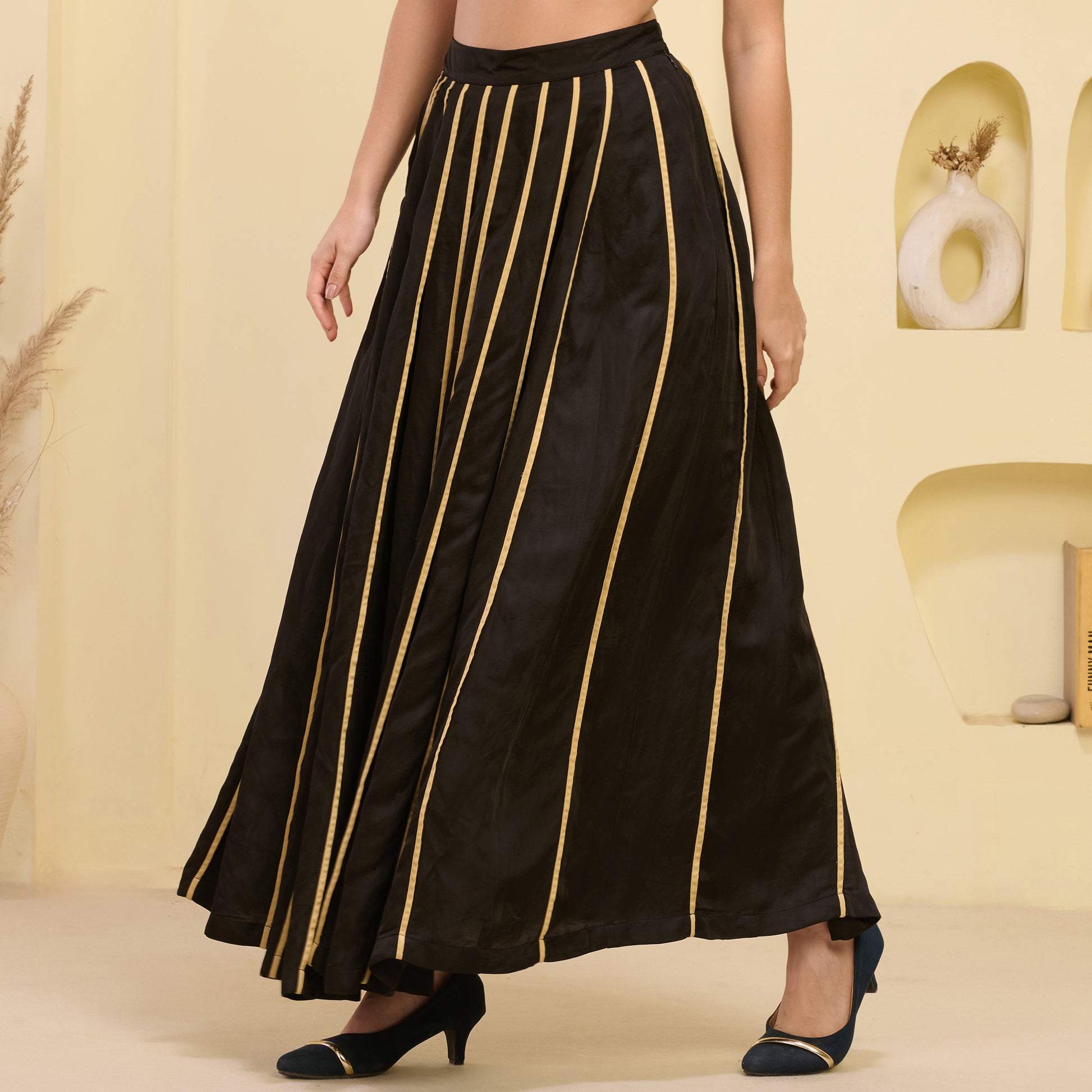Black And Golden Skirt for Women – Linen Satin – Model View | First Resort by Ramola Bachchan
