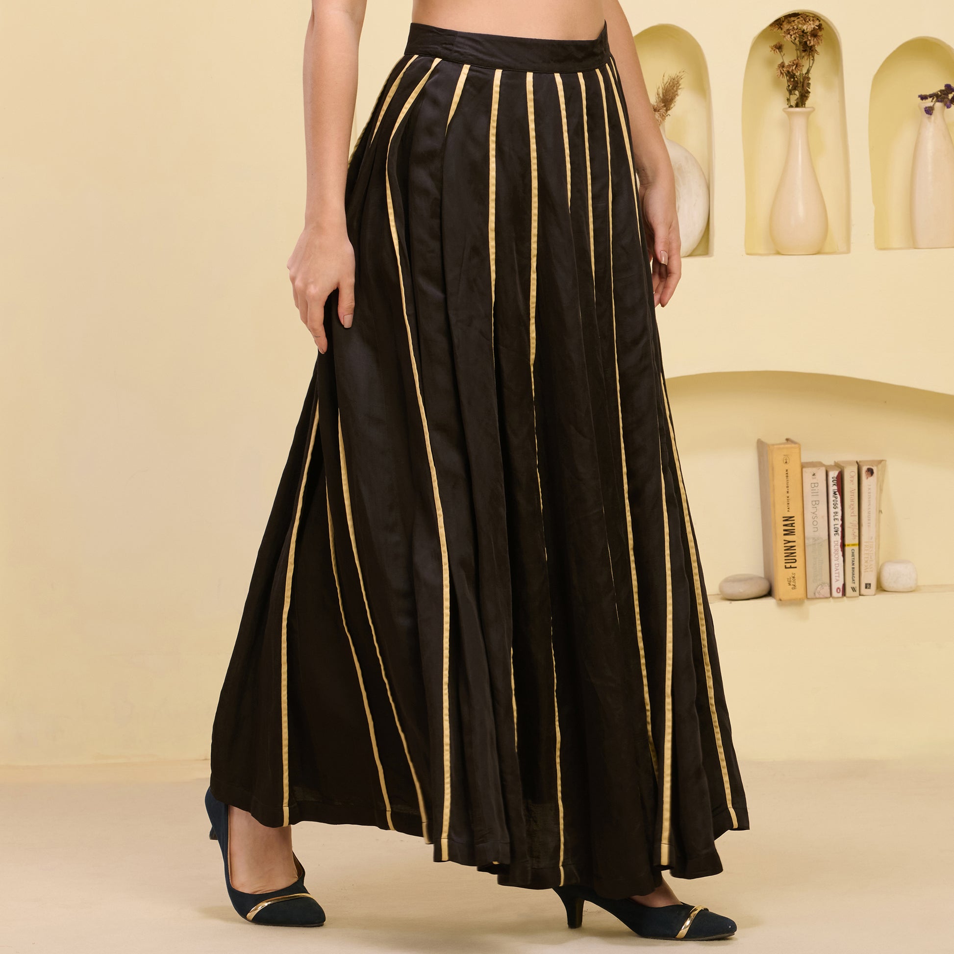 Black And Golden Skirt for Women – Linen Satin – Side View | First Resort by Ramola Bachchan