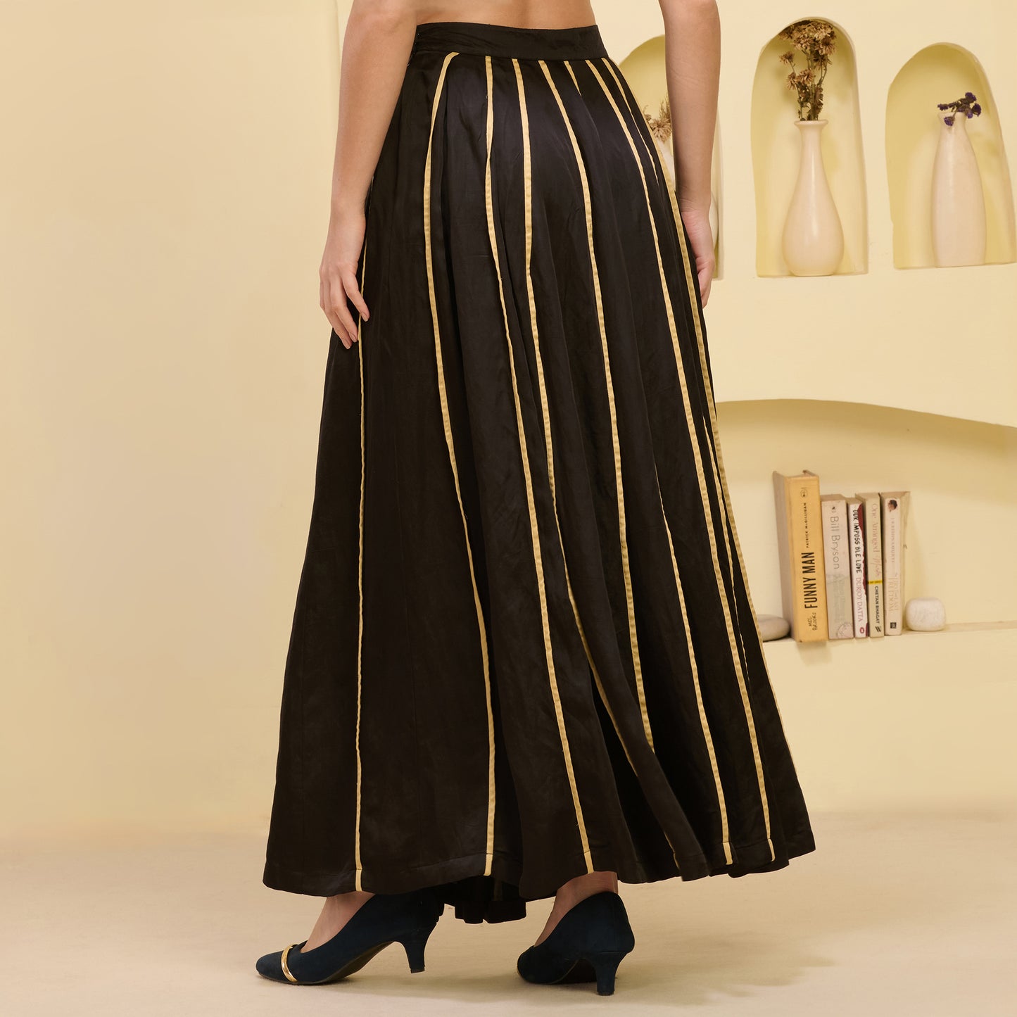 Black And Golden Skirt for Women – Linen Satin – Detail View | First Resort by Ramola Bachchan