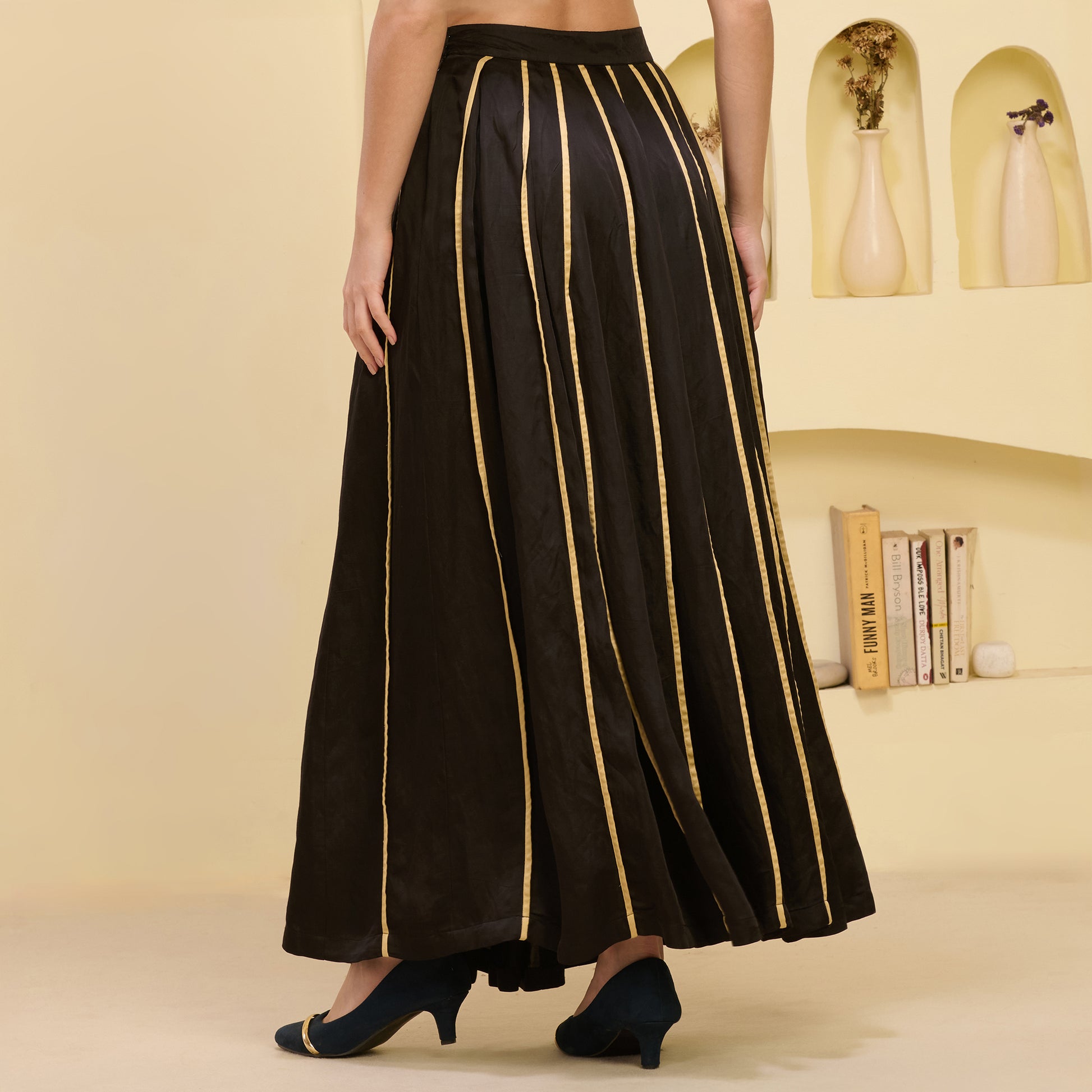 Black And Golden Skirt for Women – Linen Satin – Detail View | First Resort by Ramola Bachchan