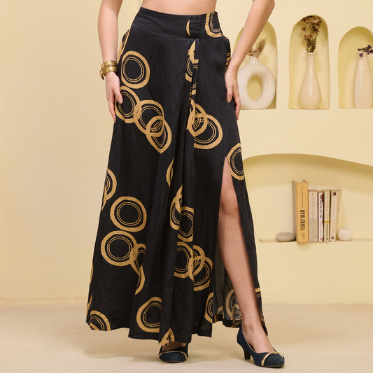 Black And Golden Powerful Print Skirt for Women – Linen Satin | First Resort by Ramola Bachchan