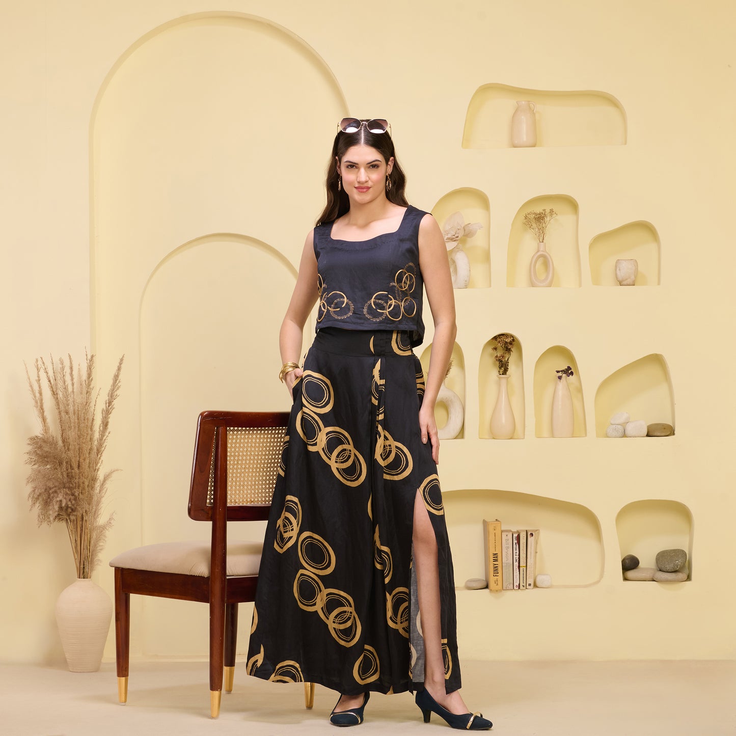 Black And Golden Powerful Print Skirt for Women – Linen Satin – Front View | First Resort by Ramola Bachchan