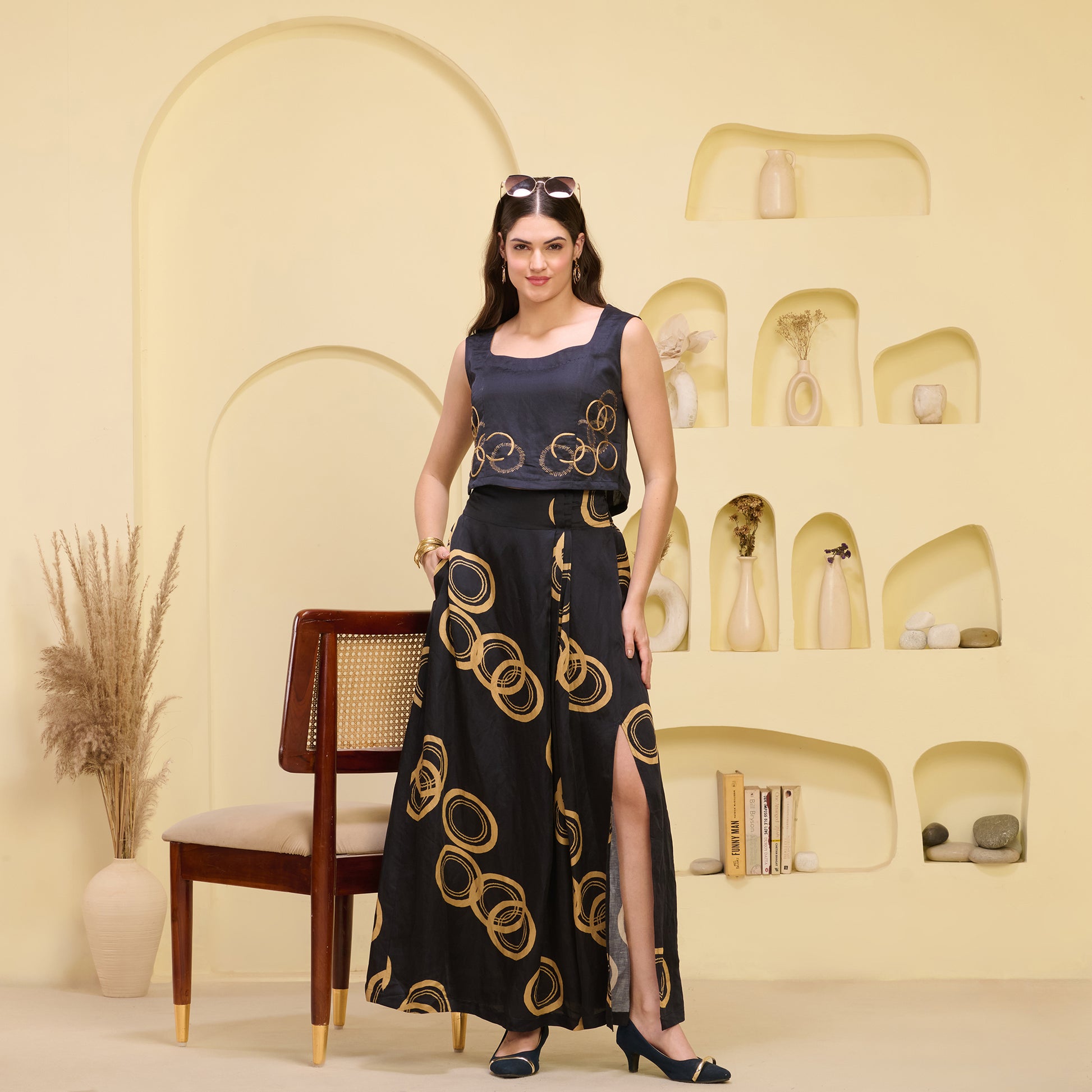 Black And Golden Powerful Print Skirt for Women – Linen Satin – Front View | First Resort by Ramola Bachchan