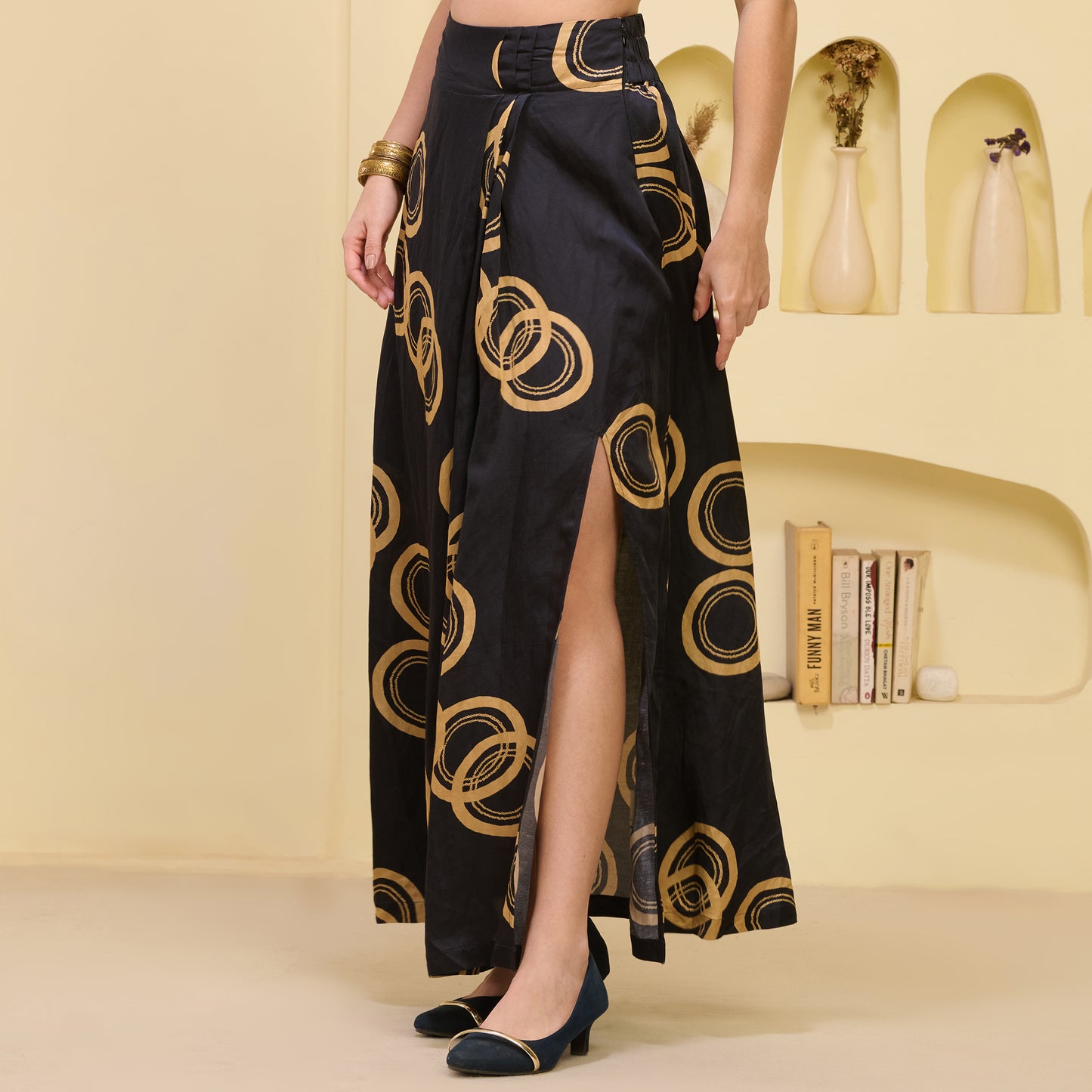 Black And Golden Powerful Print Skirt for Women – Linen Satin – Model View | First Resort by Ramola Bachchan