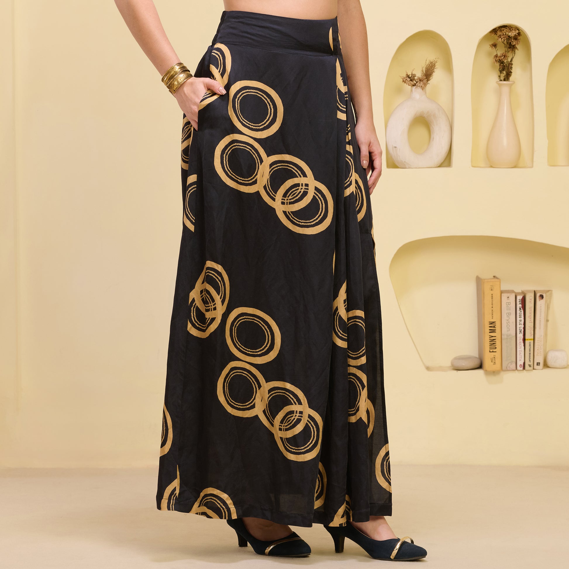 Black And Golden Powerful Print Skirt for Women – Linen Satin – Side View | First Resort by Ramola Bachchan
