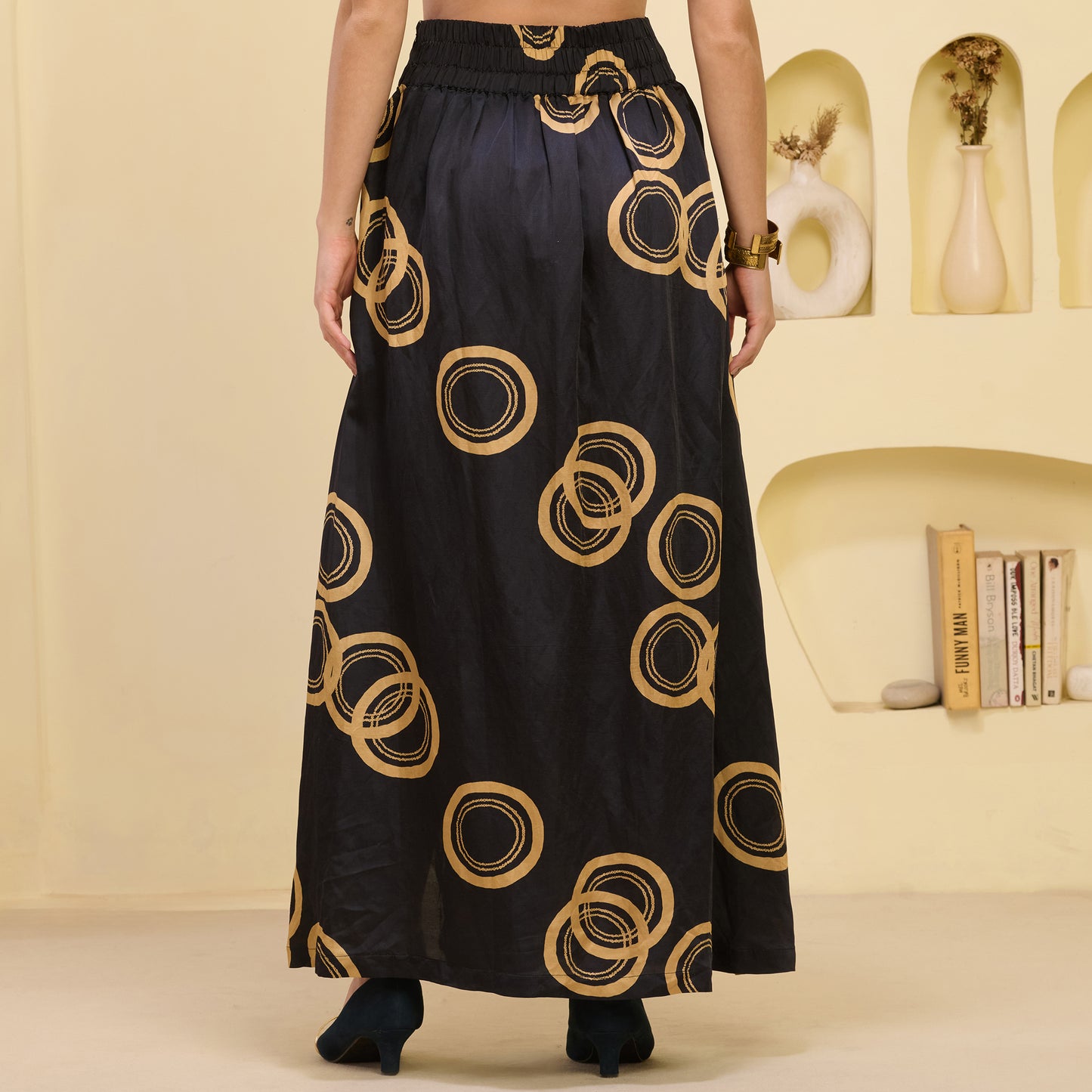 Black And Golden Powerful Print Skirt for Women – Linen Satin – Detail View | First Resort by Ramola Bachchan