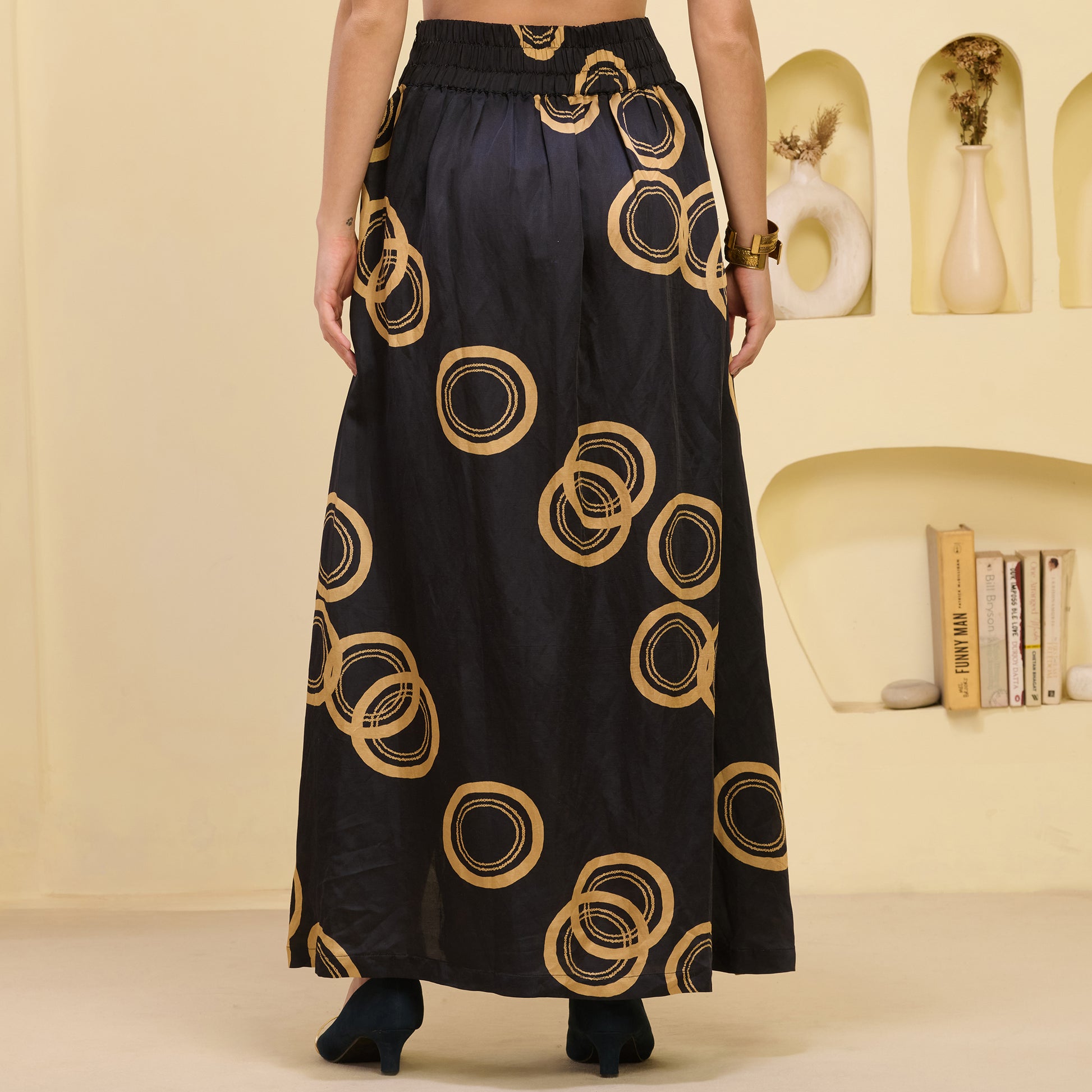 Black And Golden Powerful Print Skirt for Women – Linen Satin – Detail View | First Resort by Ramola Bachchan