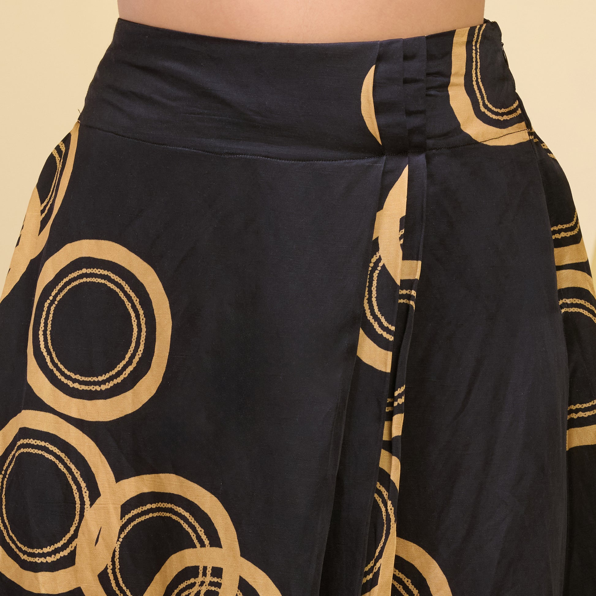 Black And Golden Powerful Print Skirt for Women – Linen Satin – Close Up | First Resort by Ramola Bachchan
