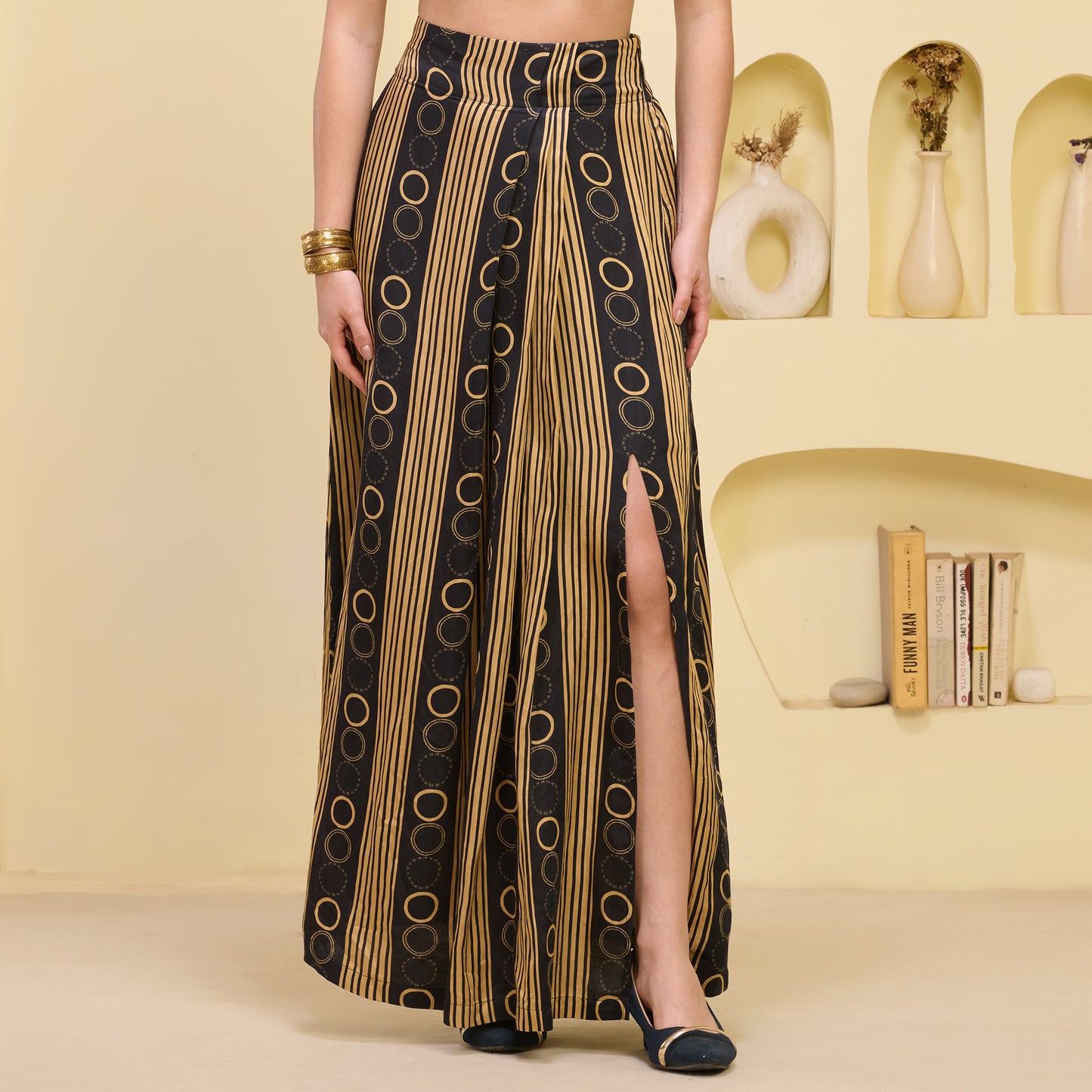 Black And Golden Powerful Stripe Print Skirt for Women – Linen Satin | First Resort by Ramola Bachchan
