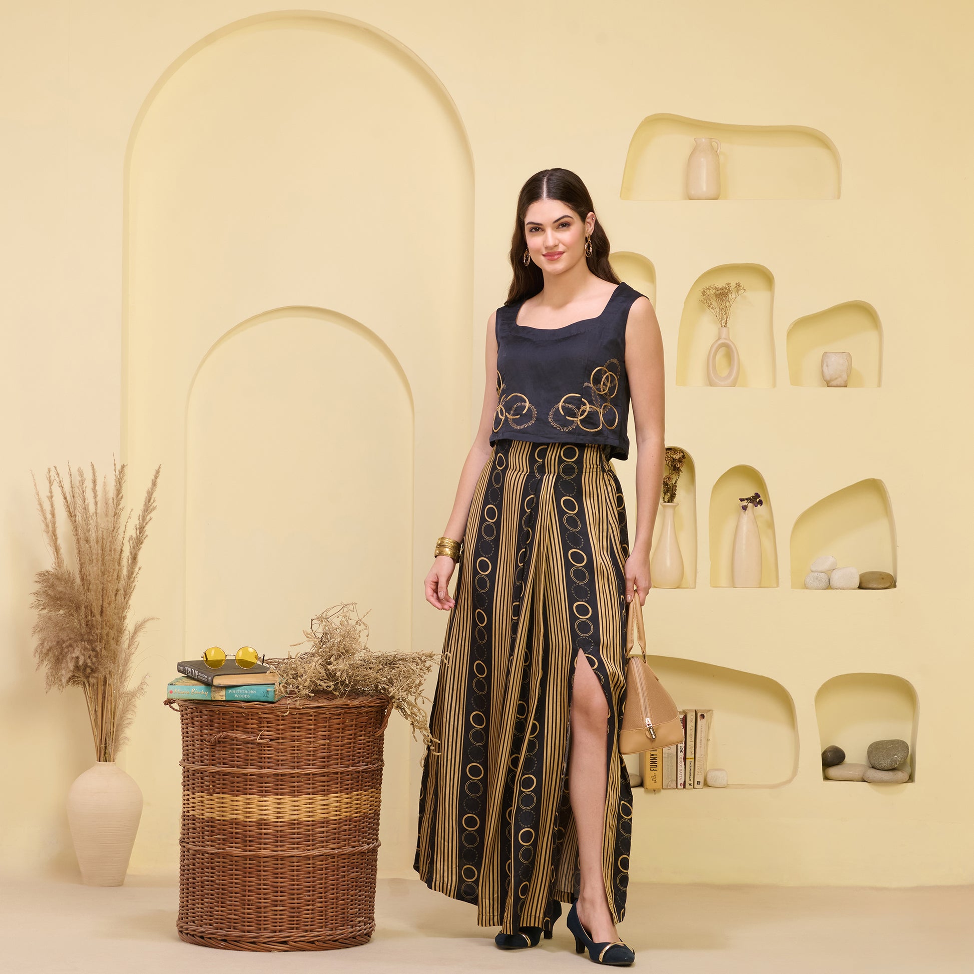 Black And Golden Powerful Stripe Print Skirt for Women – Linen Satin – Front View | First Resort by Ramola Bachchan