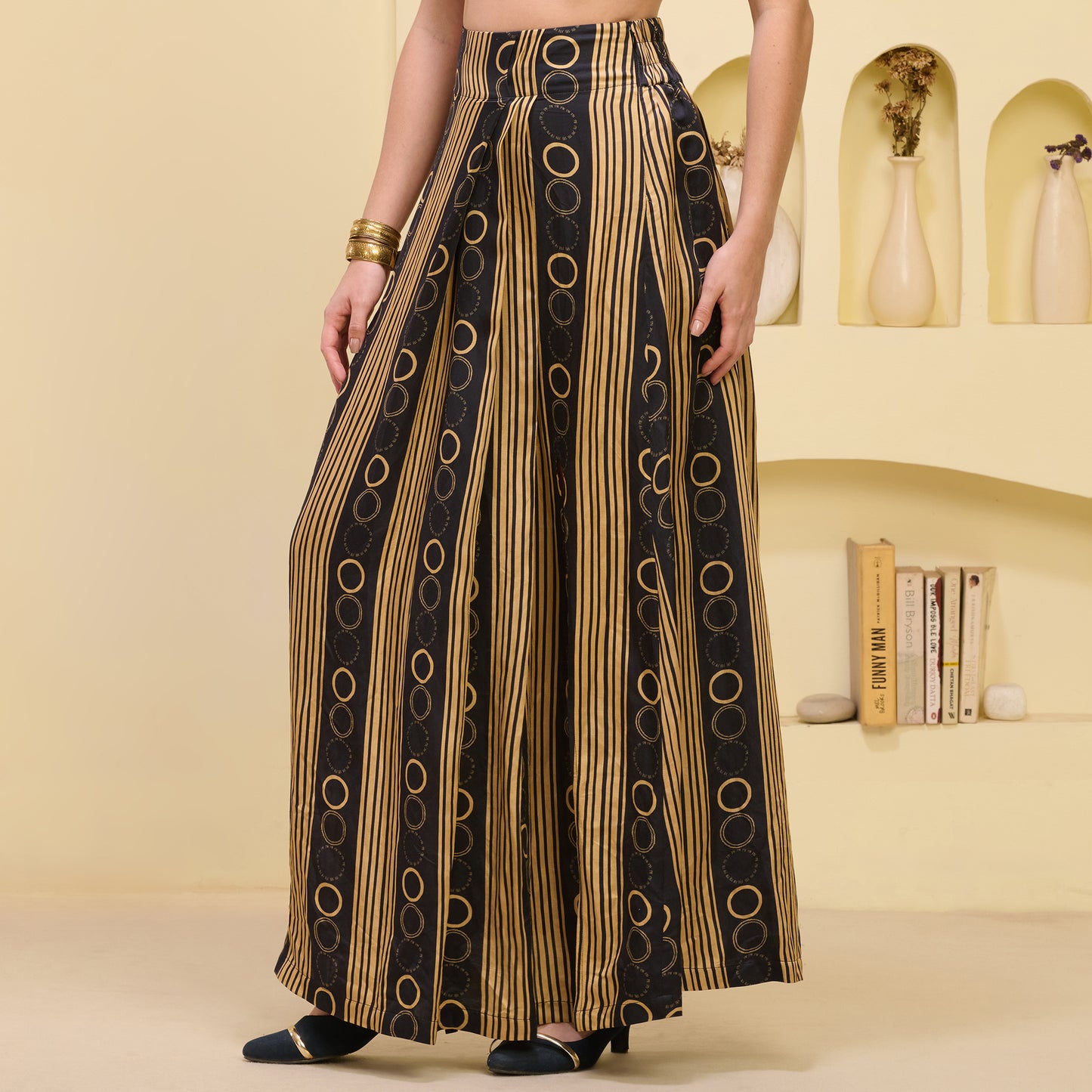 Black And Golden Powerful Stripe Print Skirt for Women – Linen Satin – Model View | First Resort by Ramola Bachchan