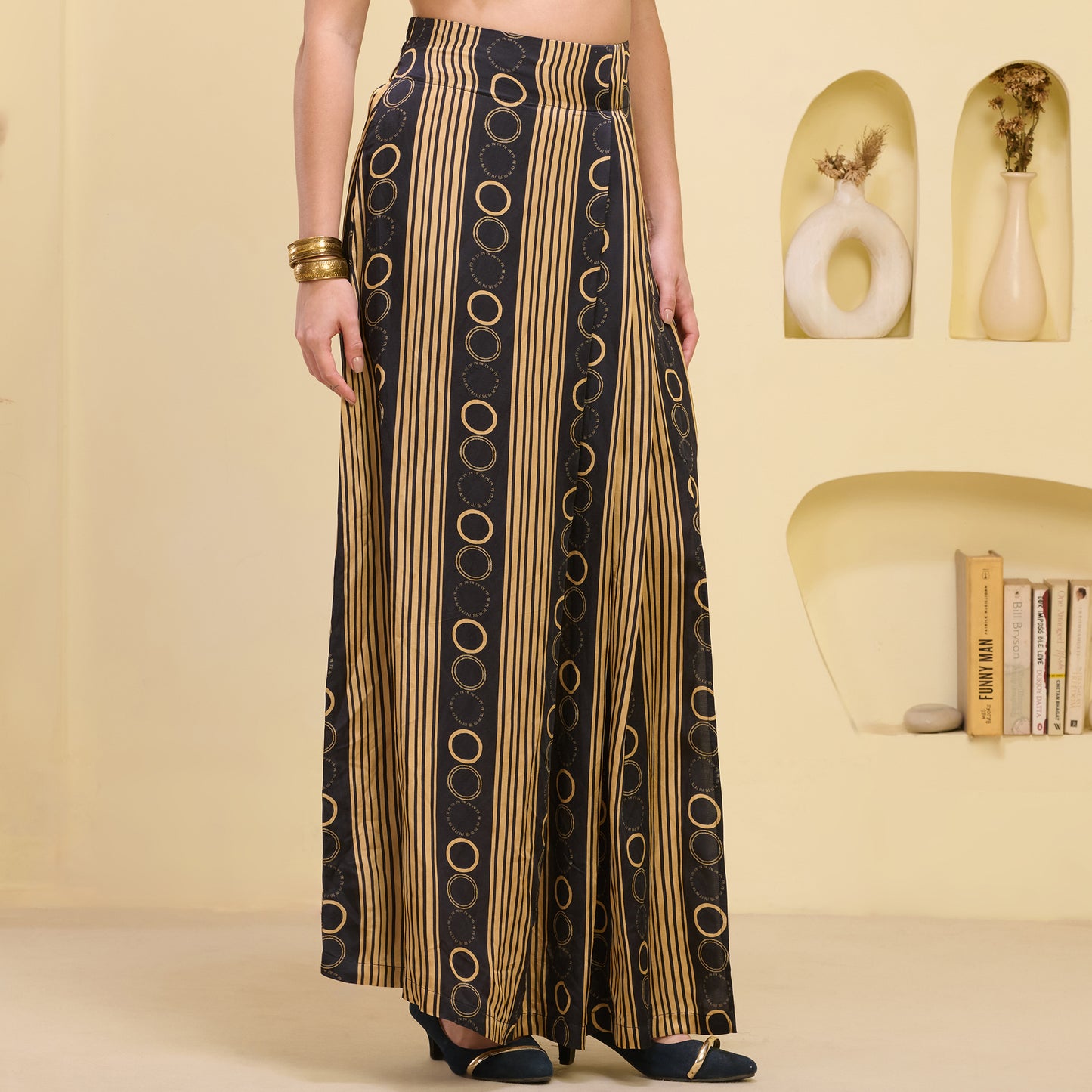 Black And Golden Powerful Stripe Print Skirt for Women – Linen Satin – Side View | First Resort by Ramola Bachchan