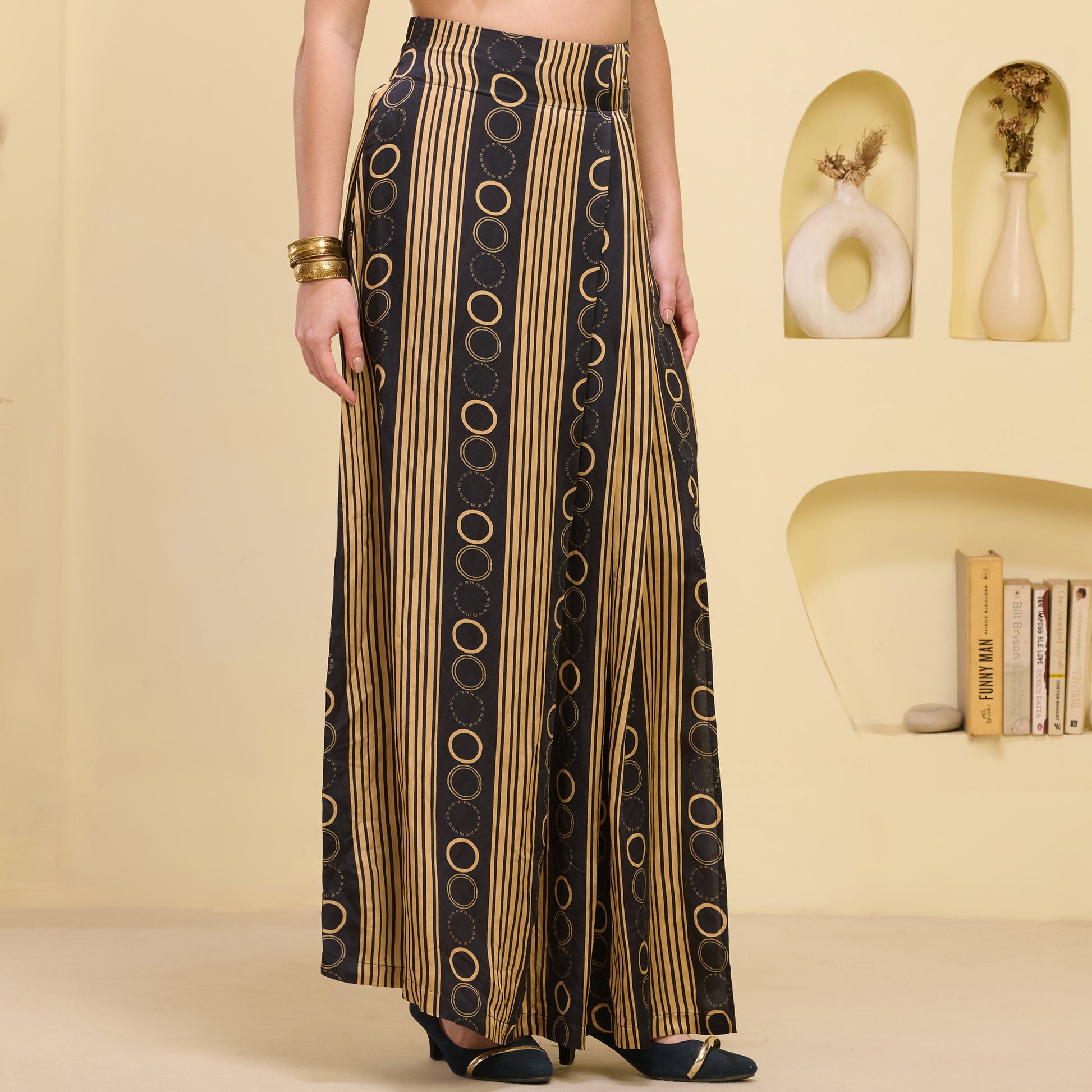 Black And Golden Powerful Stripe Print Skirt for Women – Linen Satin – Side View | First Resort by Ramola Bachchan