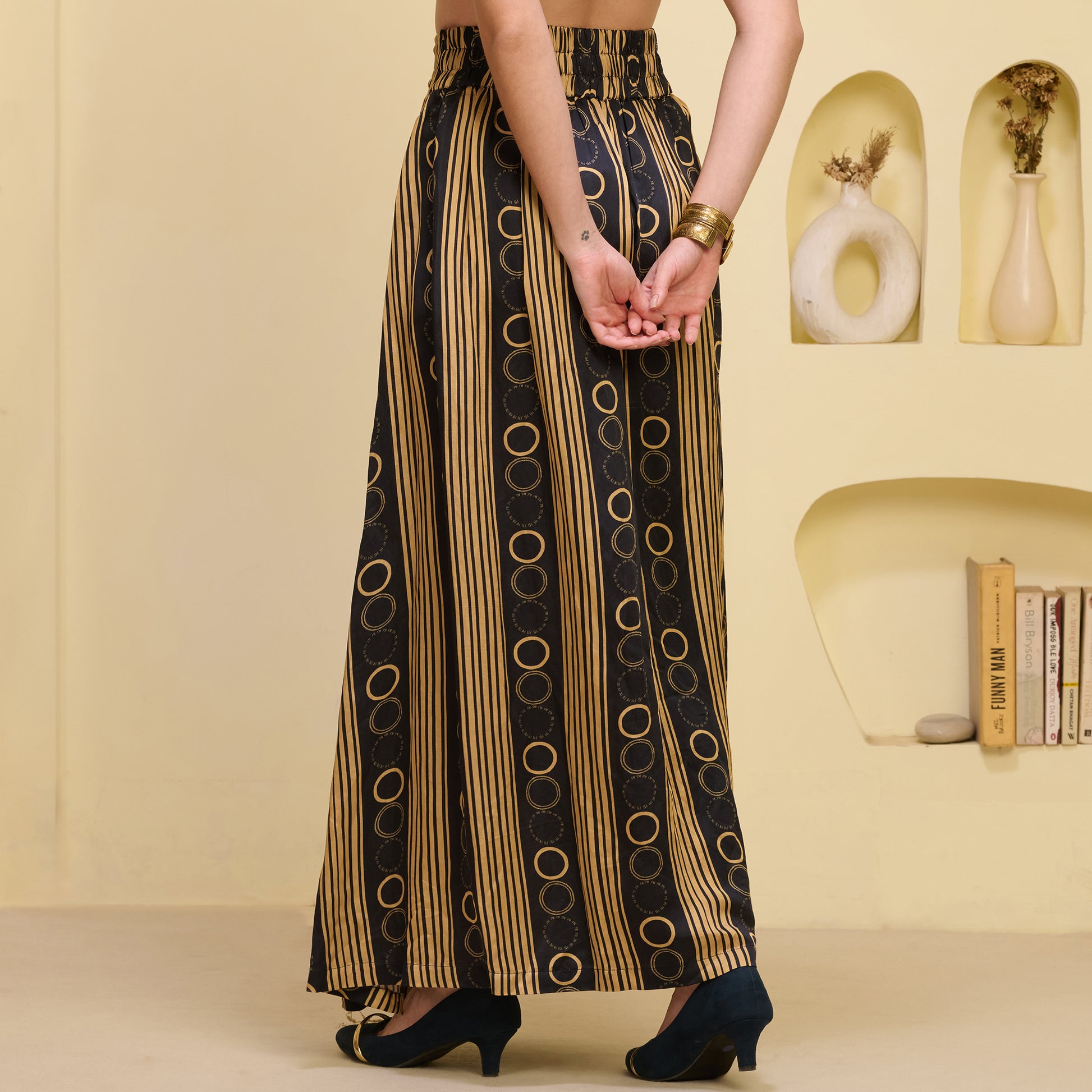 Black And Golden Powerful Stripe Print Skirt for Women – Linen Satin – Detail View | First Resort by Ramola Bachchan