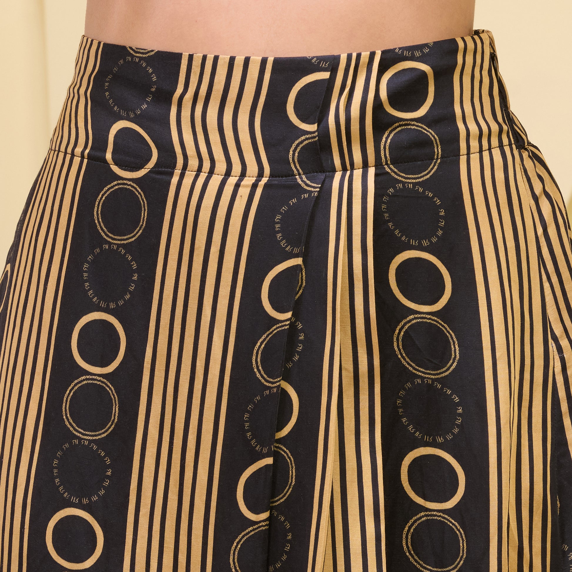 Black And Golden Powerful Stripe Print Skirt for Women – Linen Satin – Back View | First Resort by Ramola Bachchan