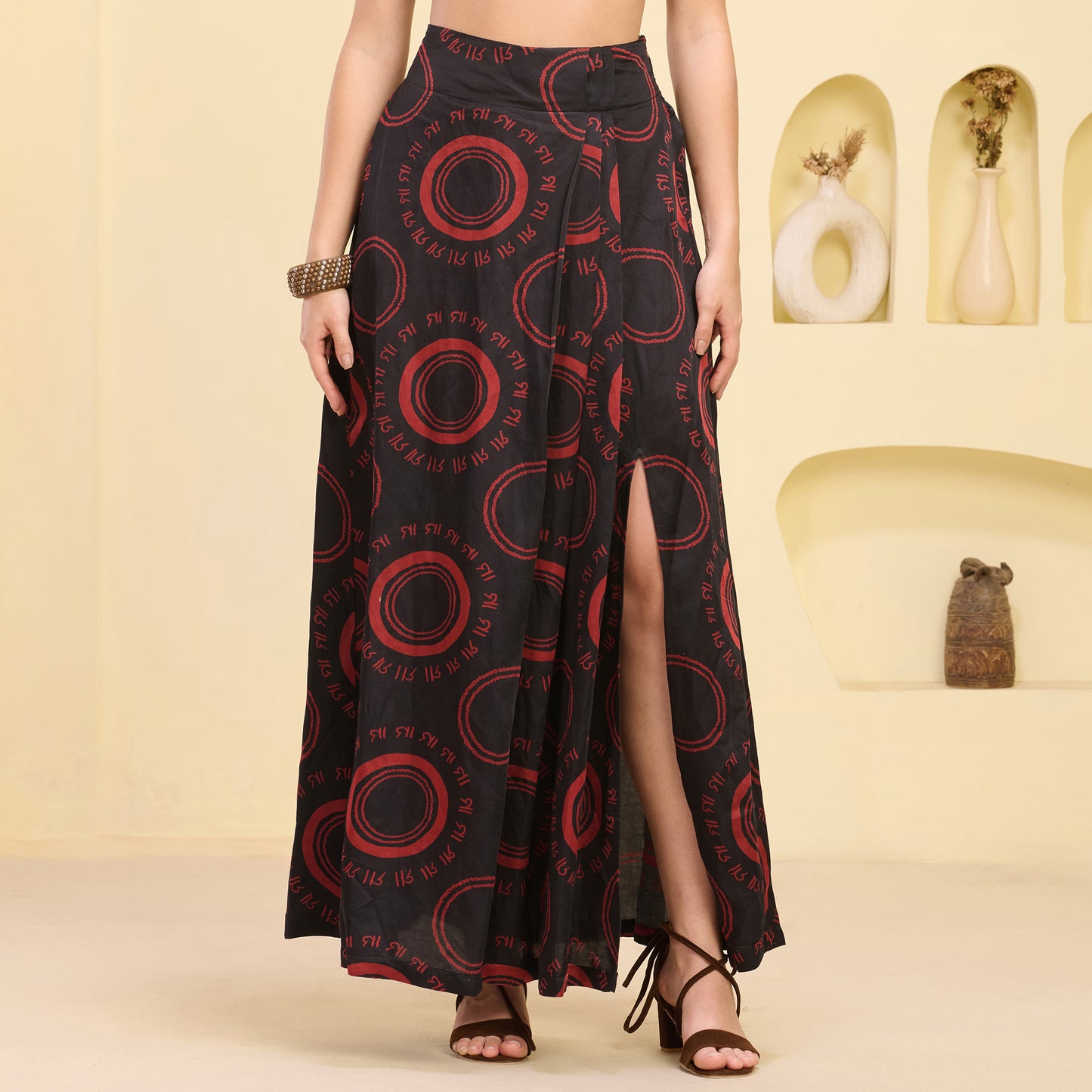 Black And Red Maa Print Skirt for Women – Linen Satin | First Resort by Ramola Bachchan