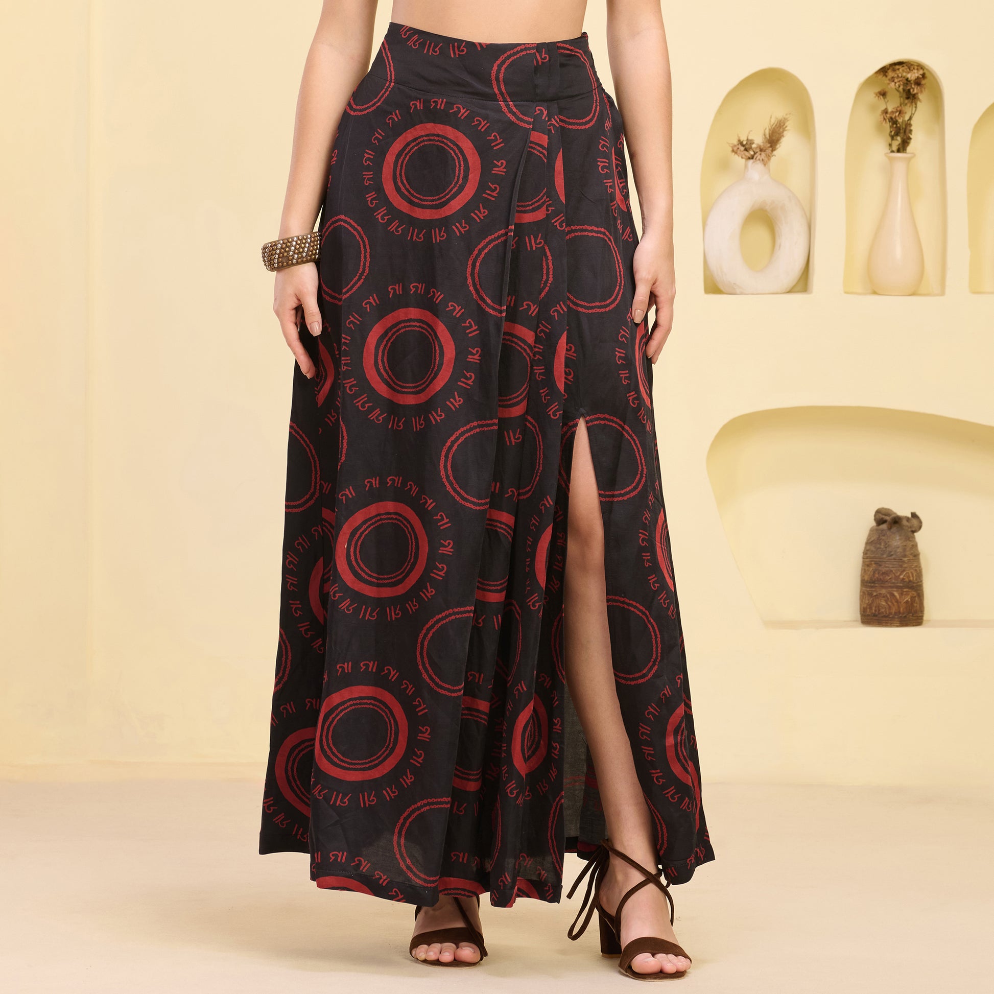 Black And Red Maa Print Skirt for Women – Linen Satin | First Resort by Ramola Bachchan
