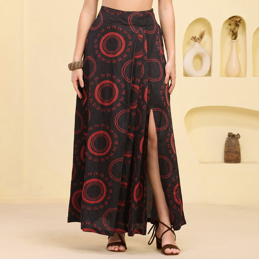 Black And Red Maa Print Skirt for Women – Linen Satin | First Resort by Ramola Bachchan