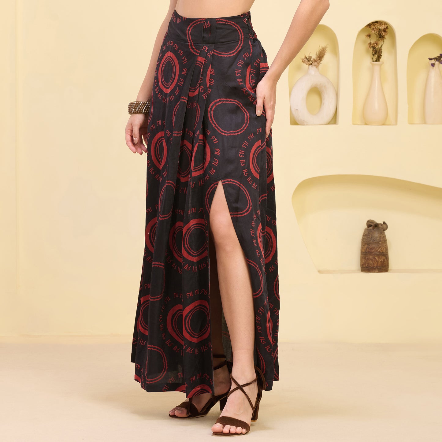 Black And Red Maa Print Skirt for Women – Linen Satin – Model View | First Resort by Ramola Bachchan