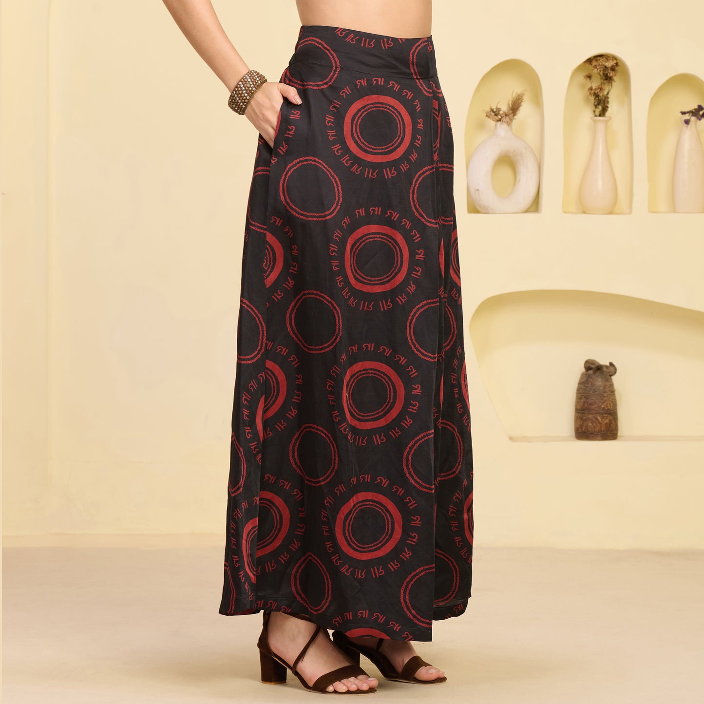 Black And Red Maa Print Skirt for Women – Linen Satin – Side View | First Resort by Ramola Bachchan
