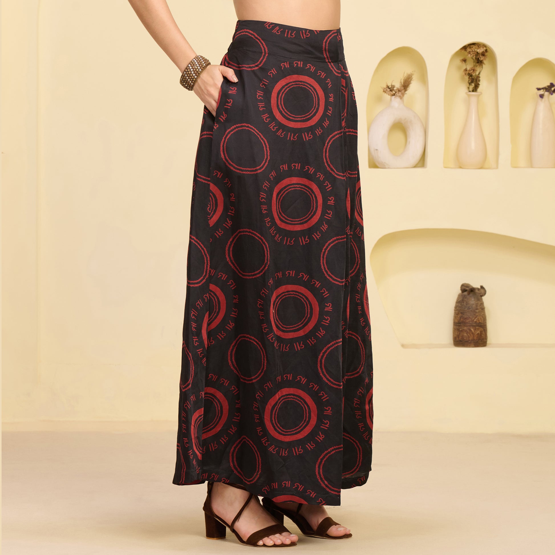 Black And Red Maa Print Skirt for Women – Linen Satin – Side View | First Resort by Ramola Bachchan