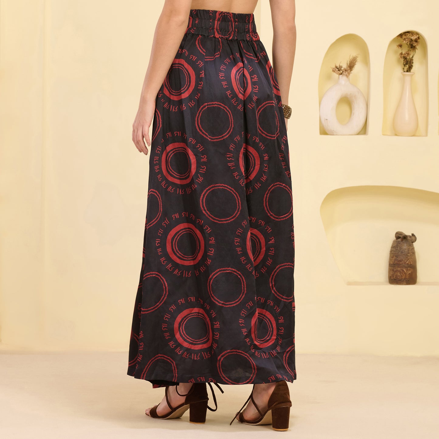 Black And Red Maa Print Skirt for Women – Linen Satin – Detail View | First Resort by Ramola Bachchan