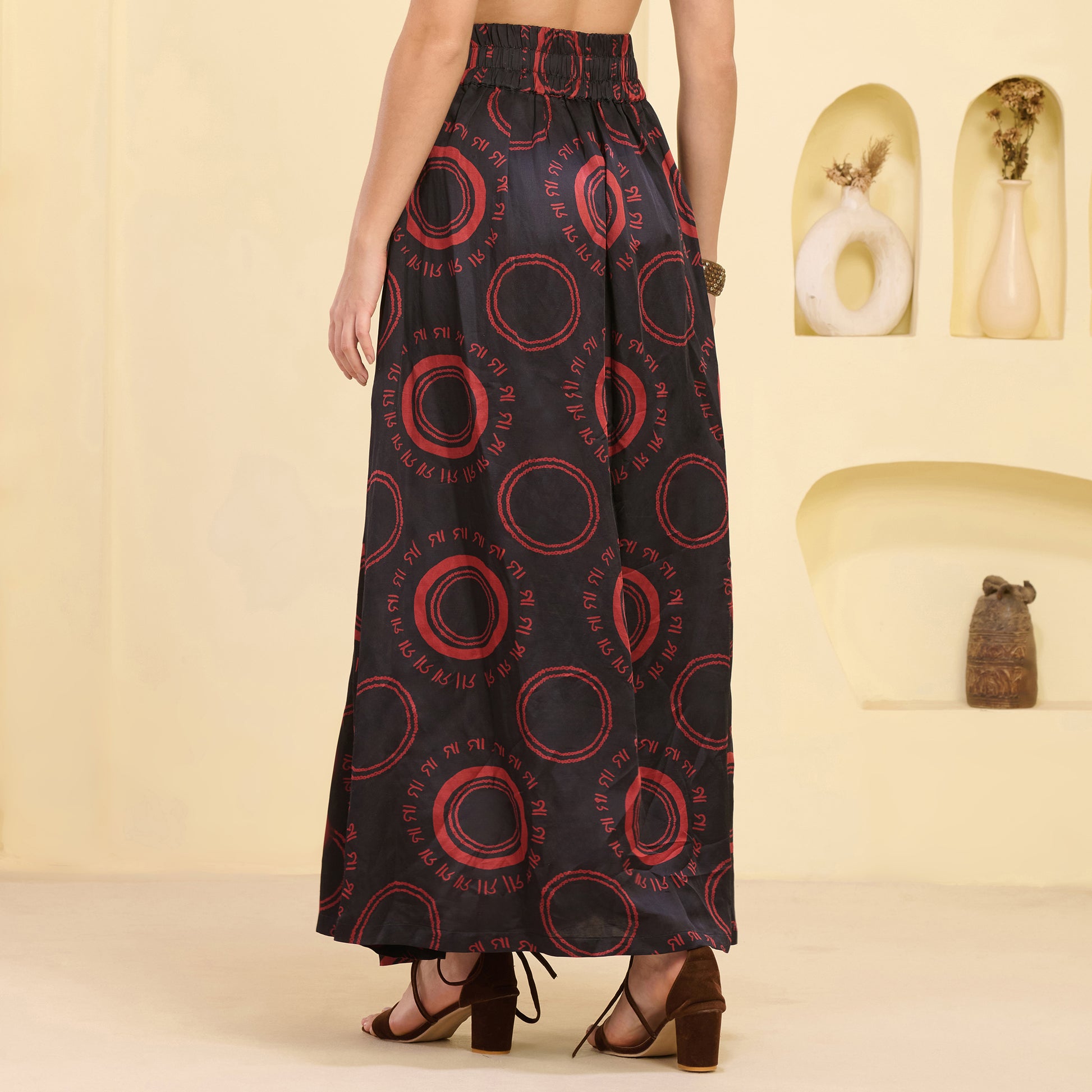 Black And Red Maa Print Skirt for Women – Linen Satin – Detail View | First Resort by Ramola Bachchan