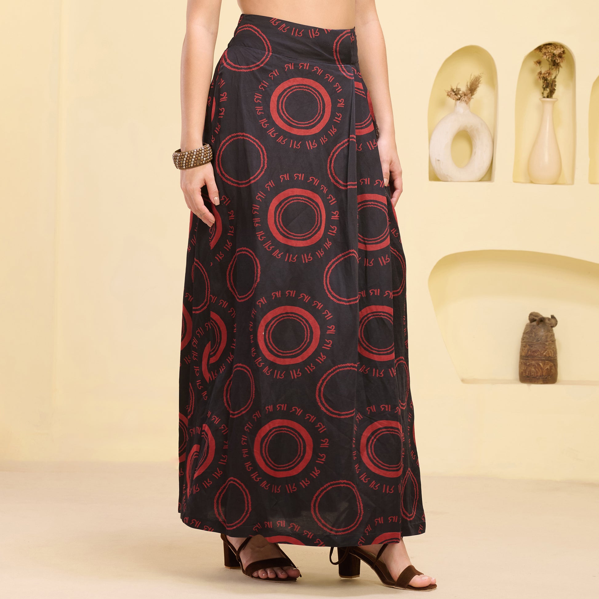 Black And Red Maa Print Skirt for Women – Linen Satin – Back View | First Resort by Ramola Bachchan