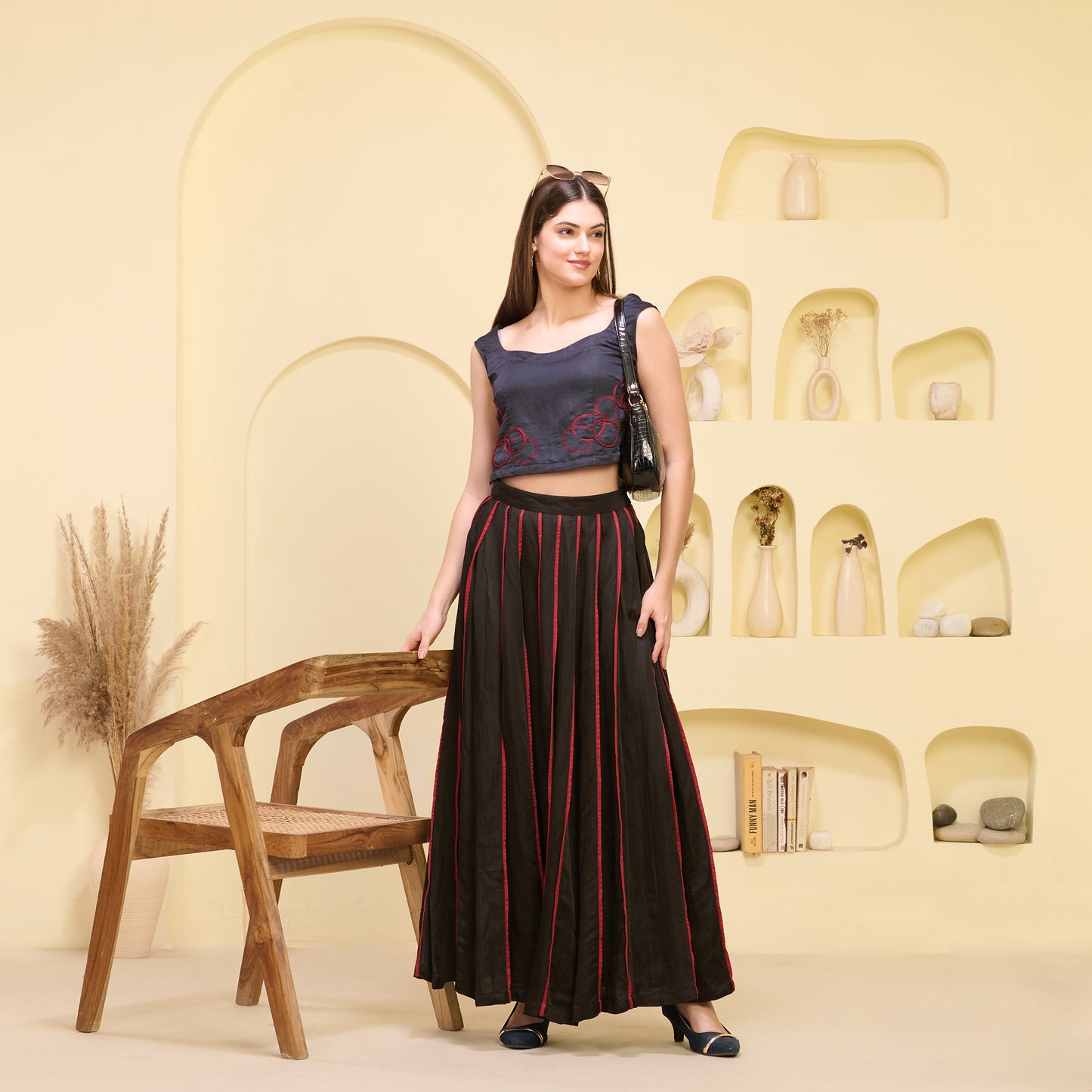 Black And Red Skirt for Women – Linen Satin – Front View | First Resort by Ramola Bachchan