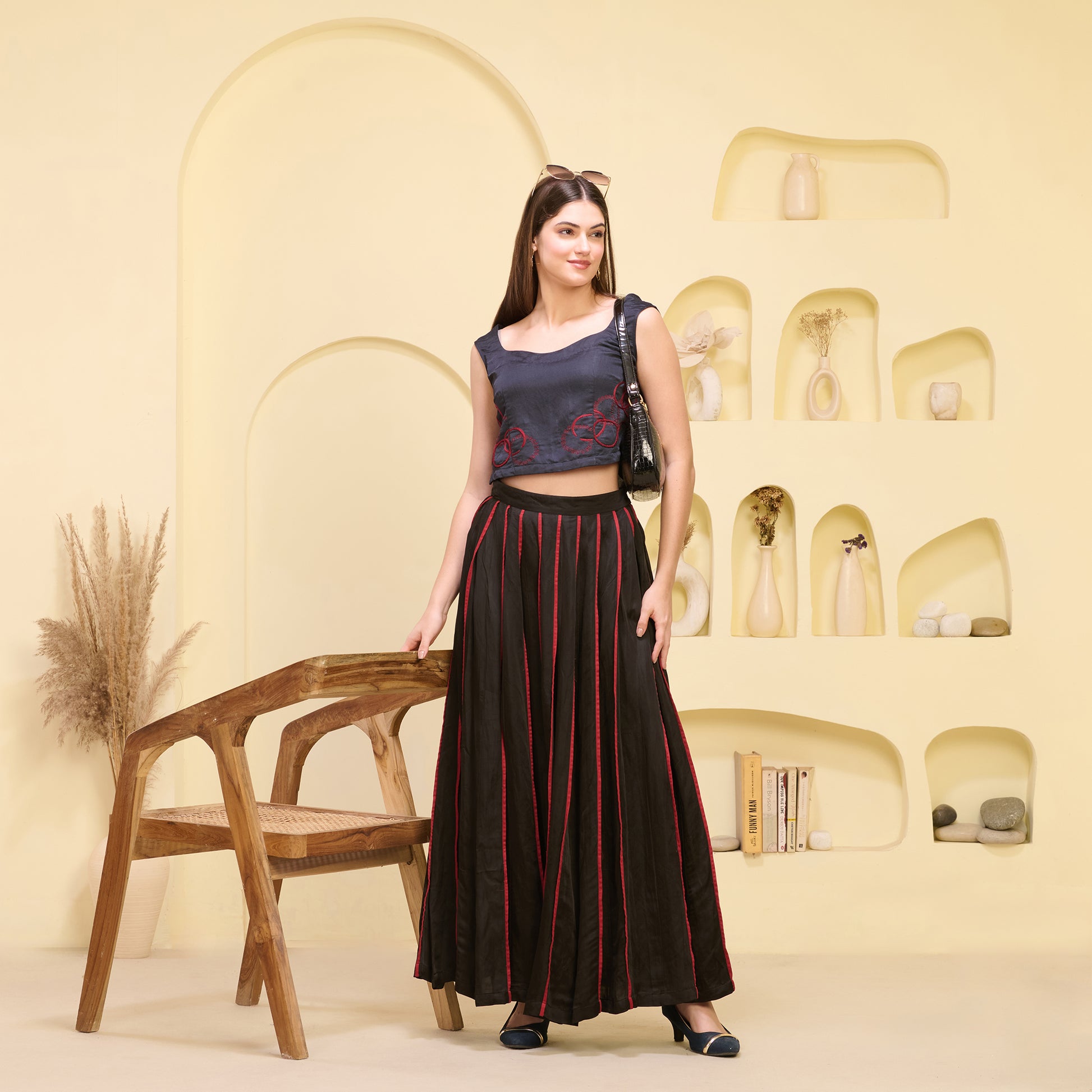 Black And Red Skirt for Women – Linen Satin – Front View | First Resort by Ramola Bachchan