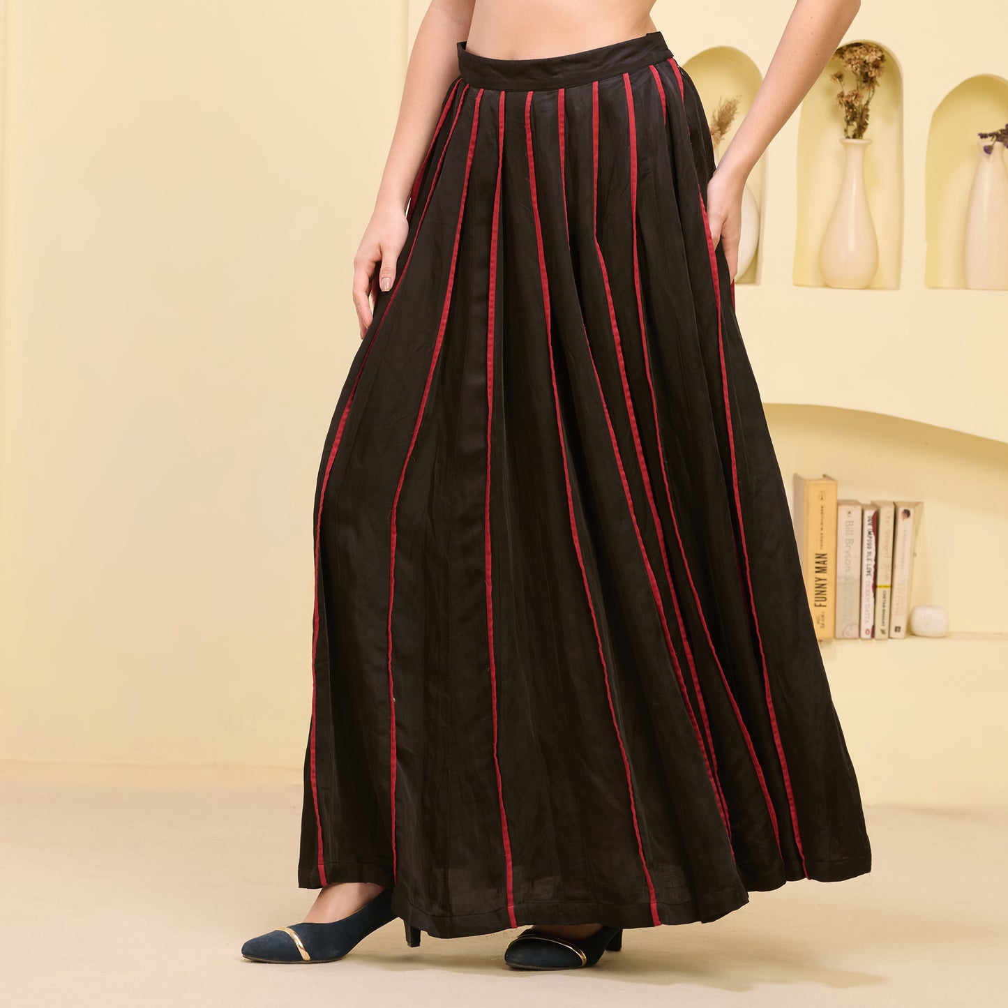 Black And Red Skirt for Women – Linen Satin – Model View | First Resort by Ramola Bachchan