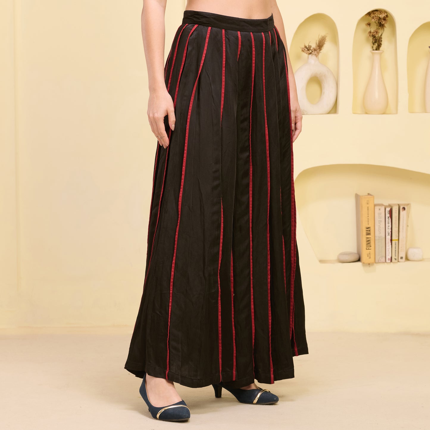Black And Red Skirt for Women – Linen Satin – Side View | First Resort by Ramola Bachchan
