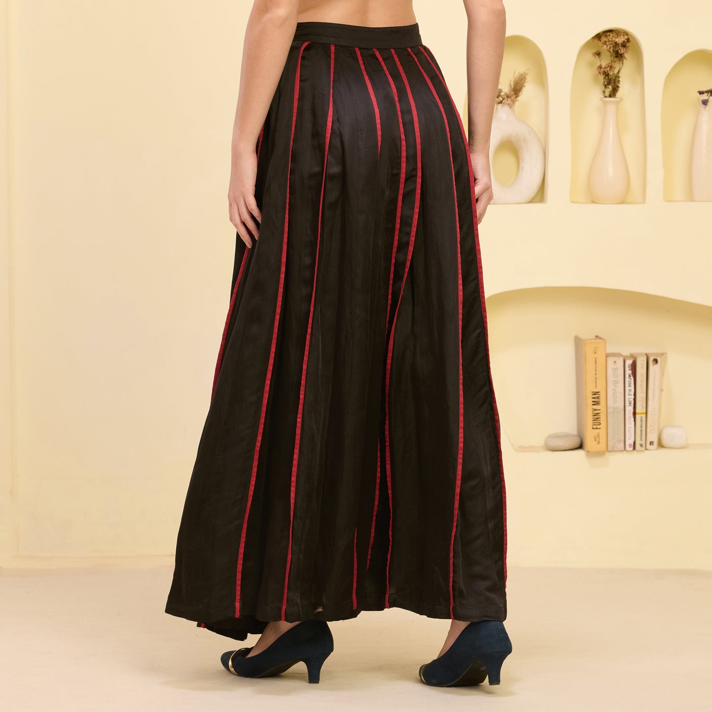 Black And Red Skirt for Women – Linen Satin – Detail View | First Resort by Ramola Bachchan