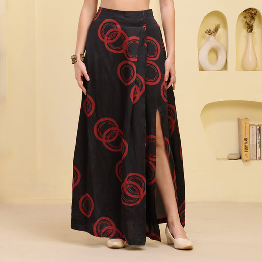Black And Red Powerful Print Skirt for Women – Linen Satin | First Resort by Ramola Bachchan