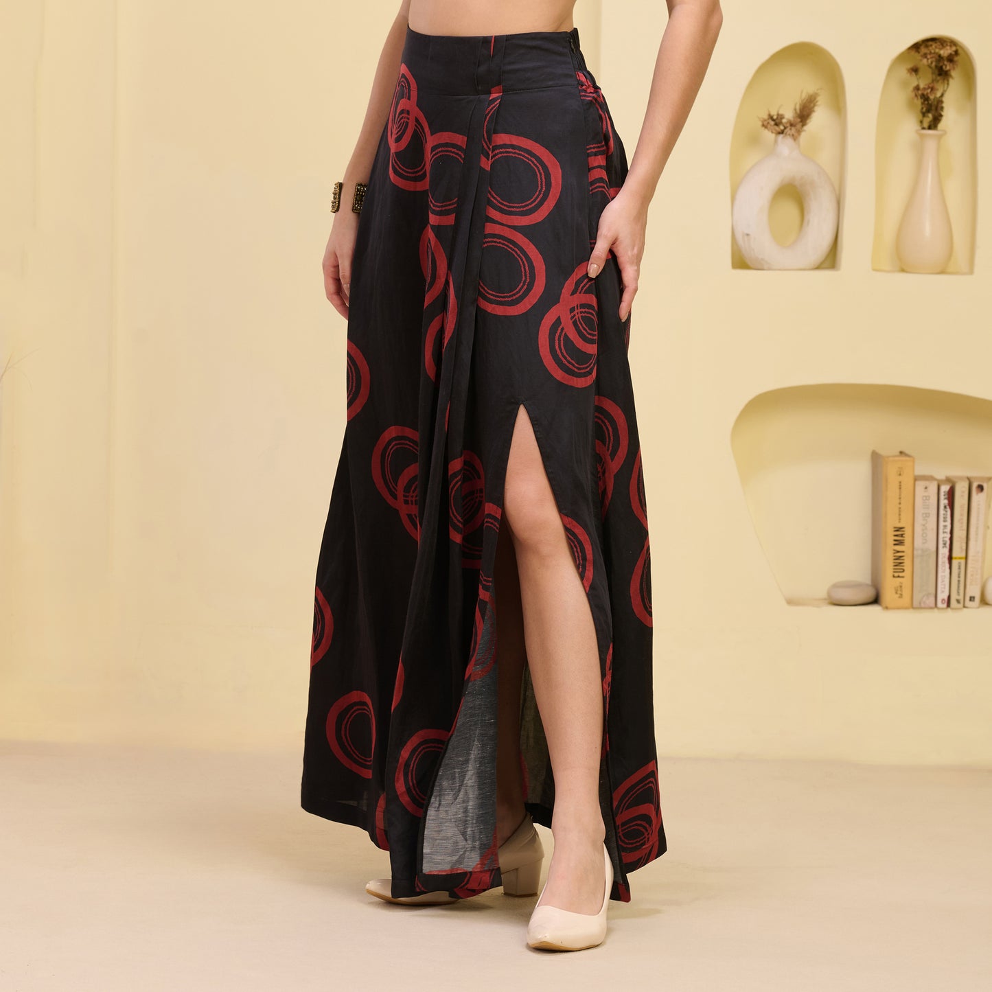 Black And Red Powerful Print Skirt for Women – Linen Satin – Model View | First Resort by Ramola Bachchan