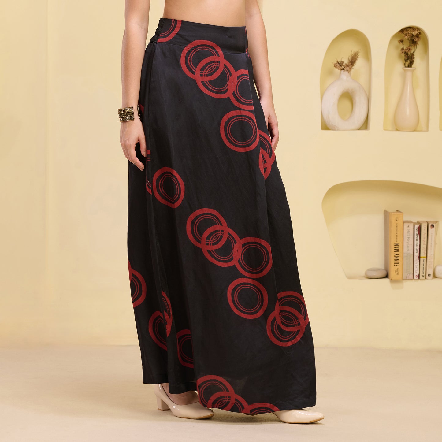 Black And Red Powerful Print Skirt for Women – Linen Satin – Side View | First Resort by Ramola Bachchan