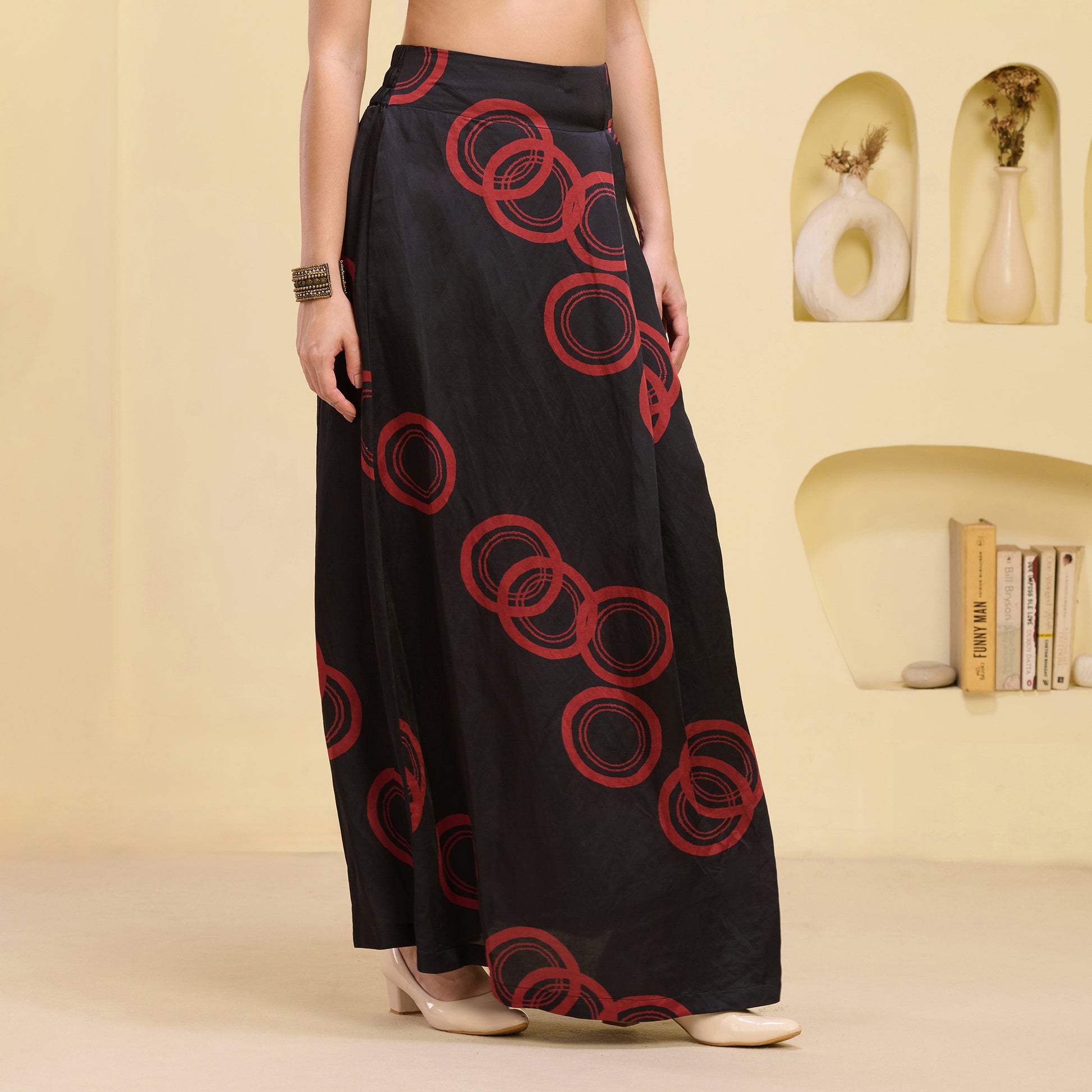 Black And Red Powerful Print Skirt for Women – Linen Satin – Side View | First Resort by Ramola Bachchan