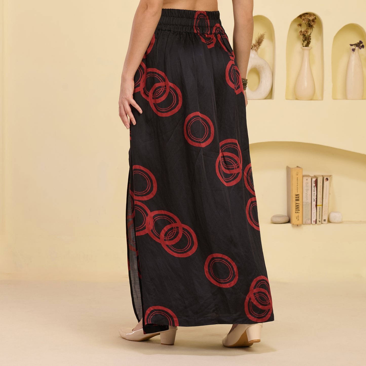 Black And Red Powerful Print Skirt for Women – Linen Satin – Detail View | First Resort by Ramola Bachchan