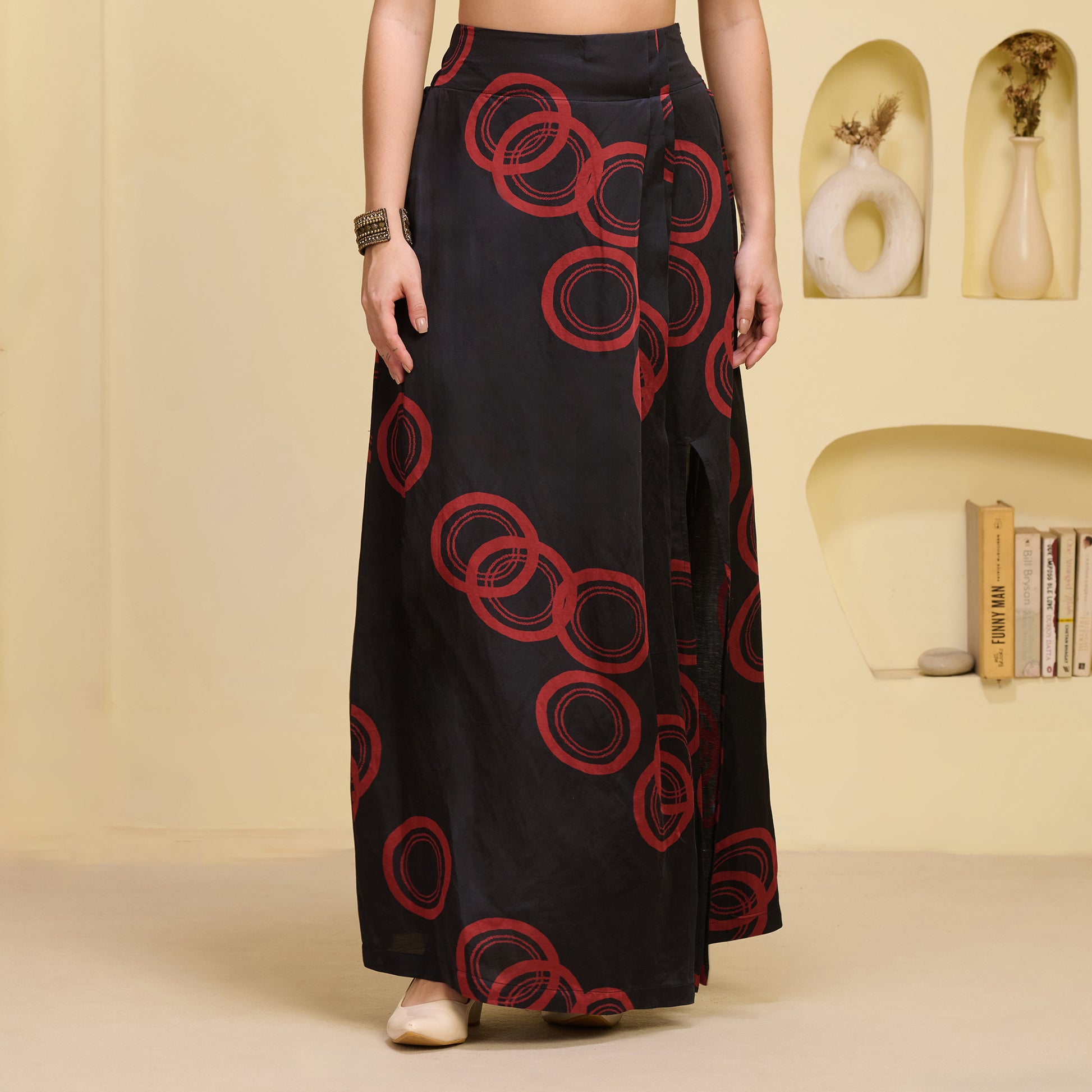 Black And Red Powerful Print Skirt for Women – Linen Satin | First Resort by Ramola Bachchan