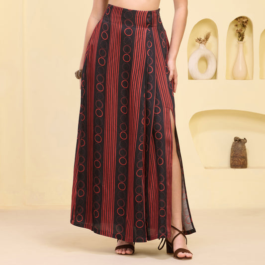 Black And Red Powerful Stripe Print Skirt for Women – Linen Satin | First Resort by Ramola Bachchan