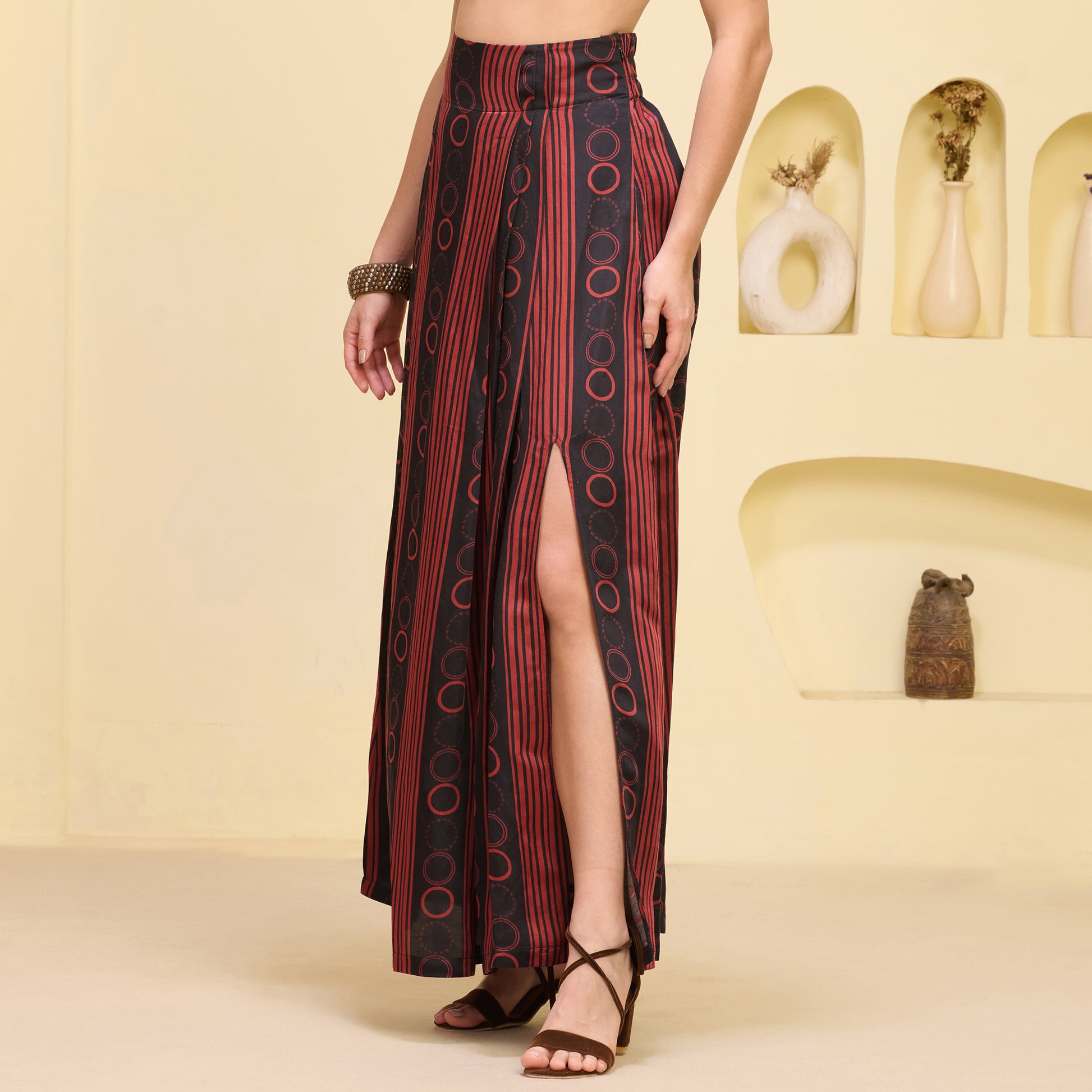 Black And Red Powerful Stripe Print Skirt for Women – Linen Satin – Model View | First Resort by Ramola Bachchan