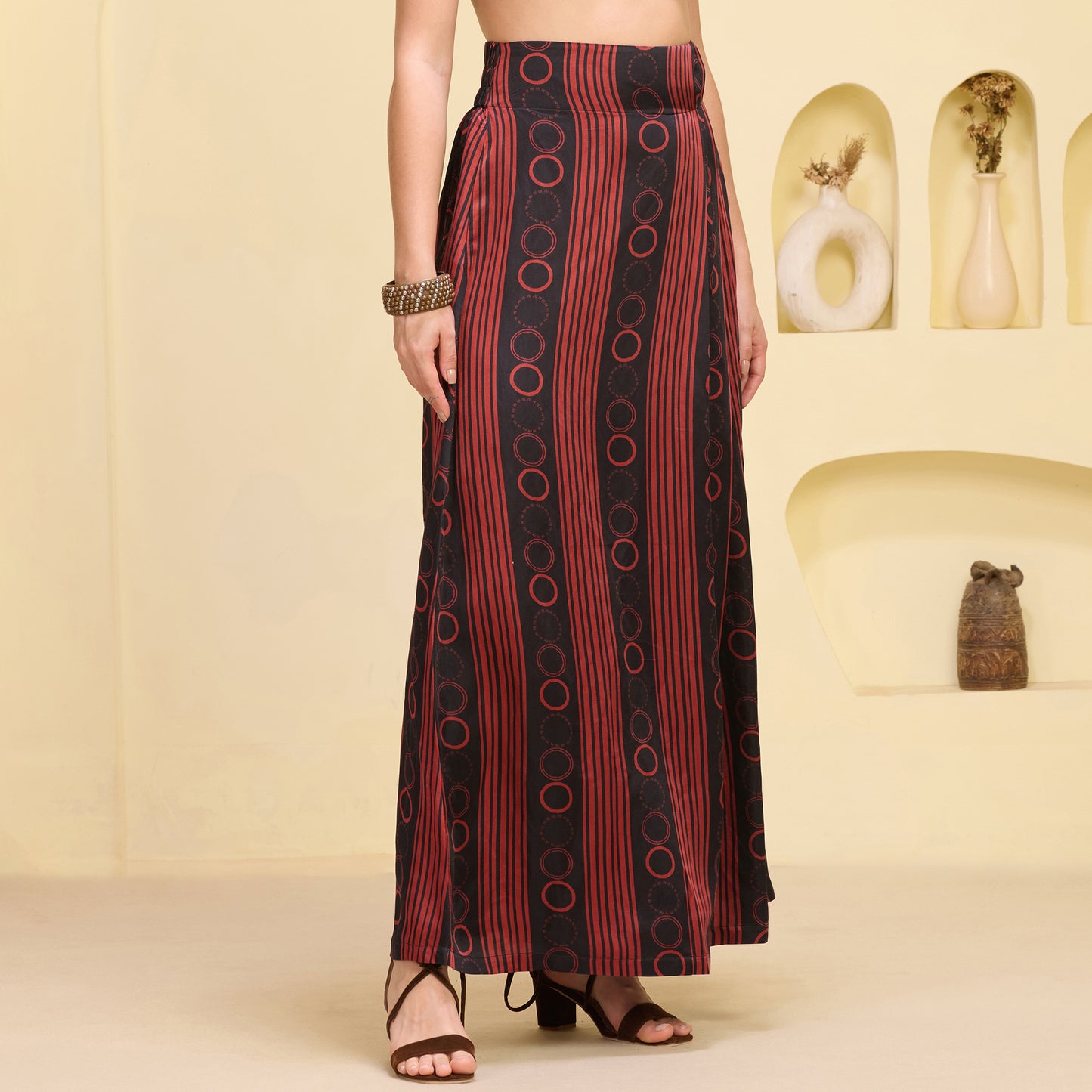 Black And Red Powerful Stripe Print Skirt for Women – Linen Satin – Side View | First Resort by Ramola Bachchan