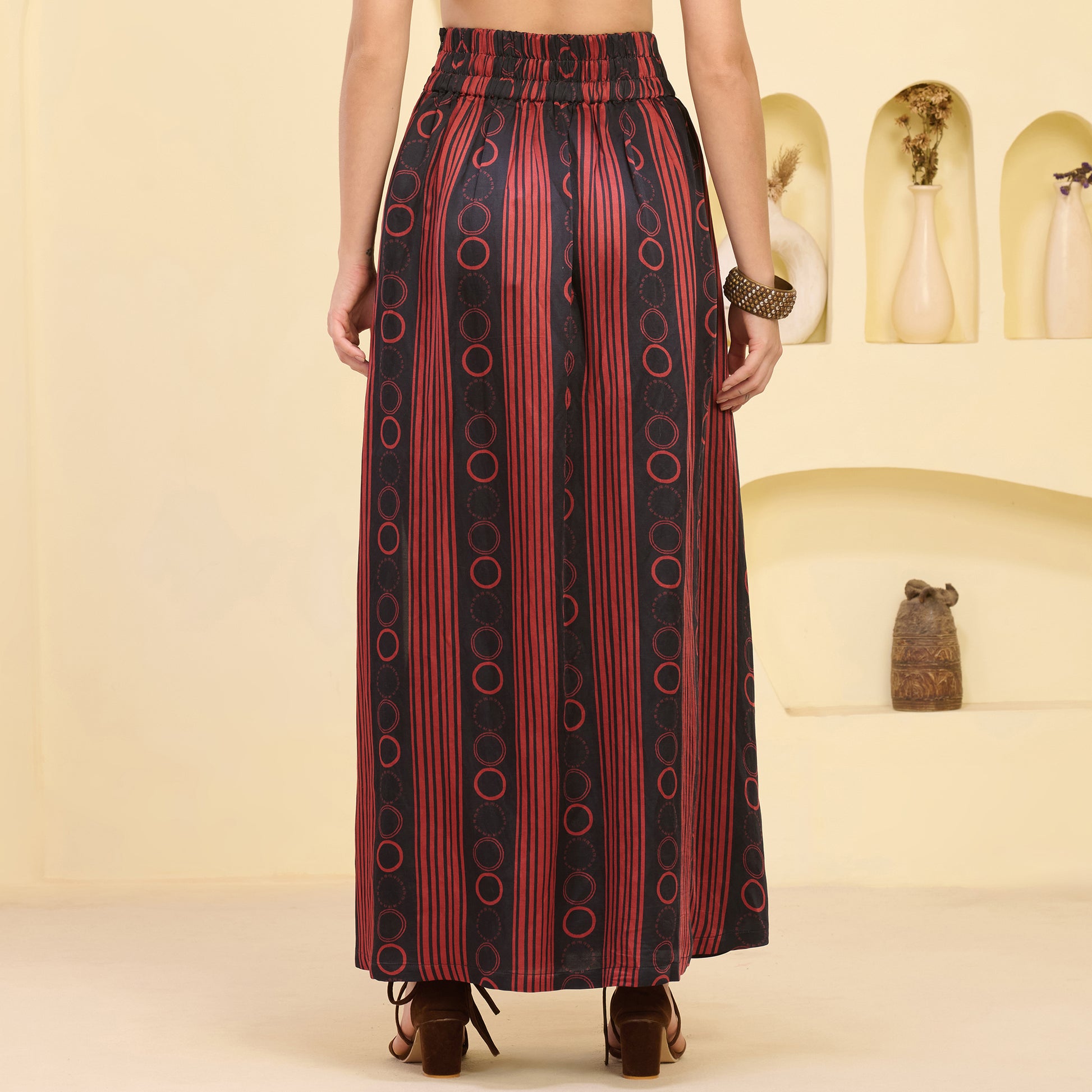 Black And Red Powerful Stripe Print Skirt for Women – Linen Satin – Detail View | First Resort by Ramola Bachchan