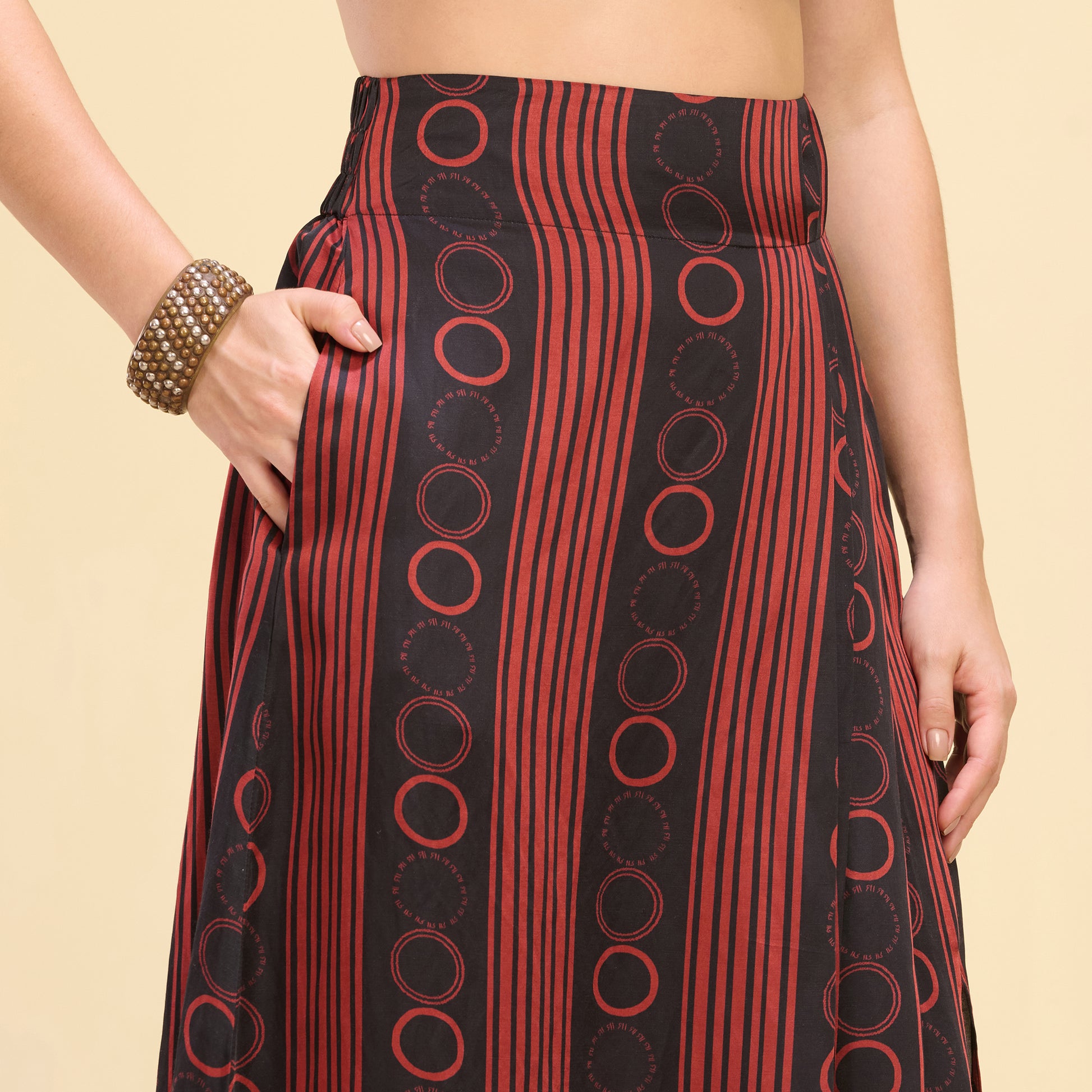Black And Red Powerful Stripe Print Skirt for Women – Linen Satin – Back View | First Resort by Ramola Bachchan