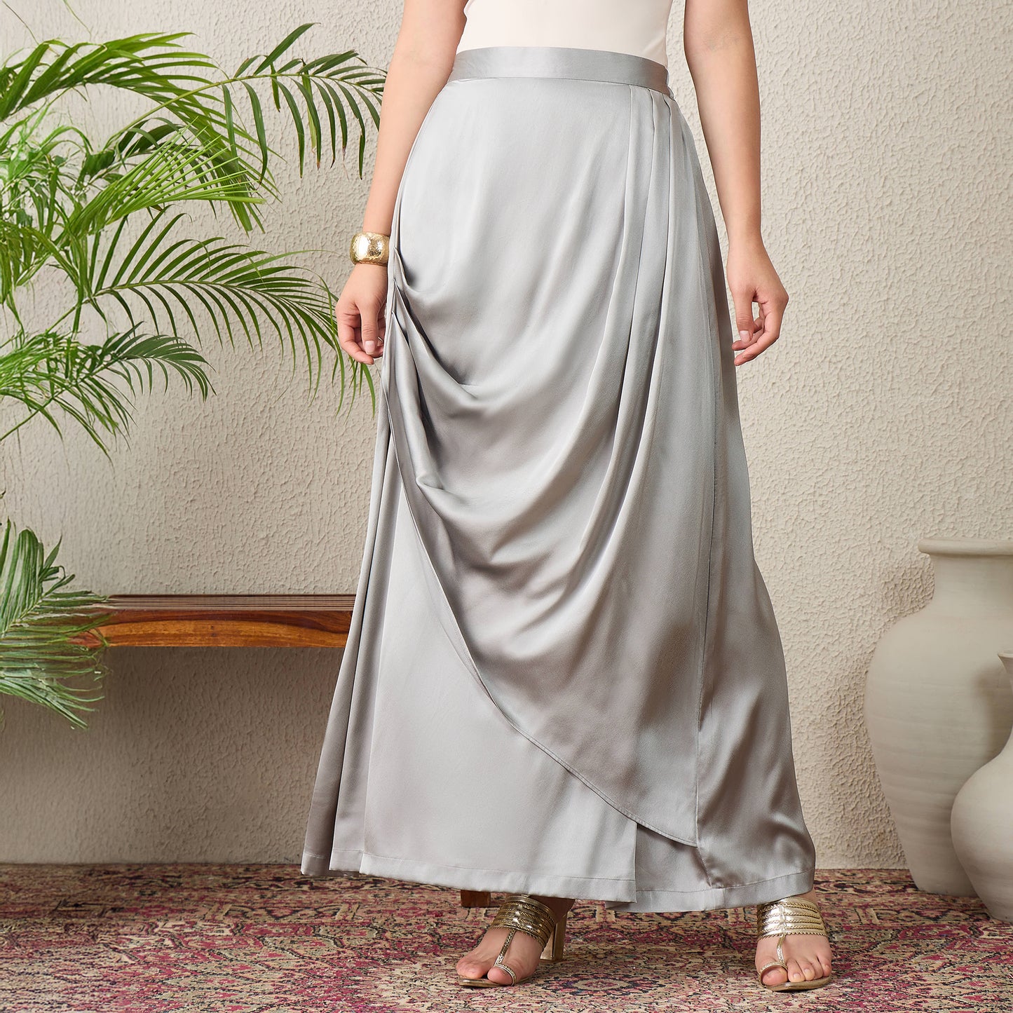 Grey Skirt for Women – Polyester Satin | First Resort by Ramola Bachchan