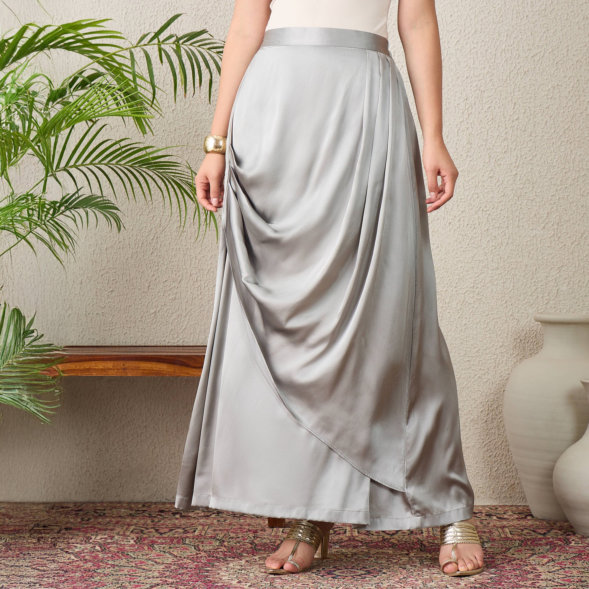 Grey Skirt for Women – Polyester Satin | First Resort by Ramola Bachchan